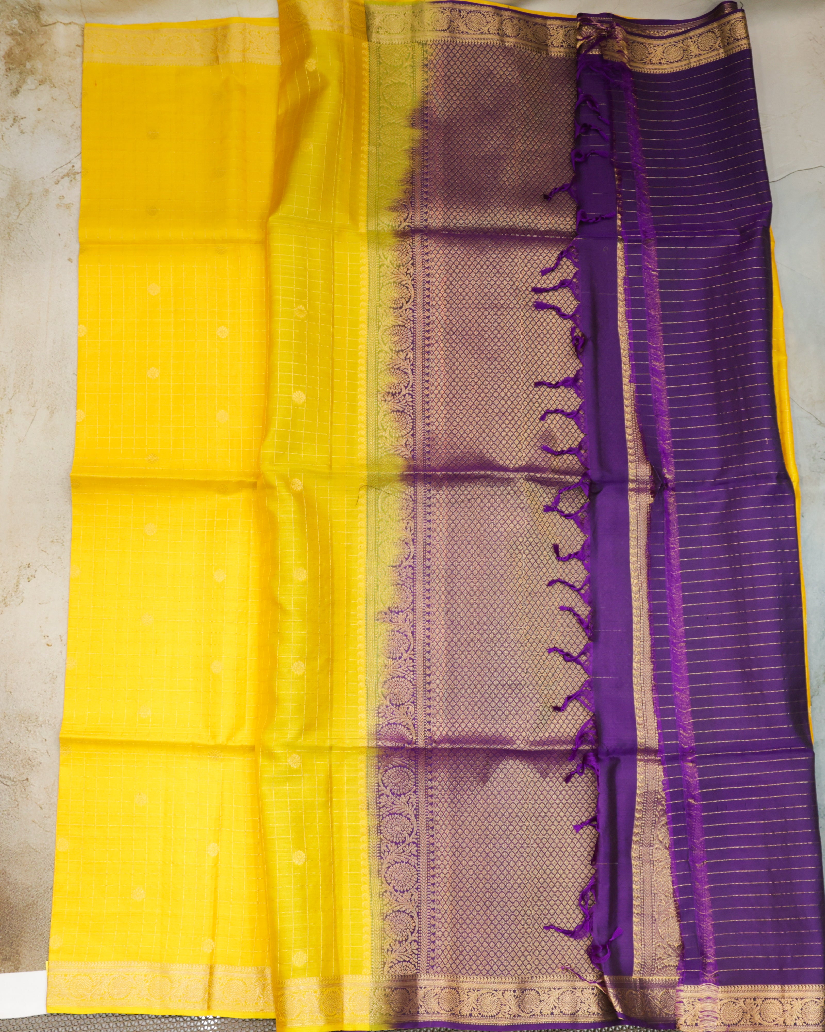 Kanchipuram Pure Soft Silk Checks Saree in Yellow & Purple