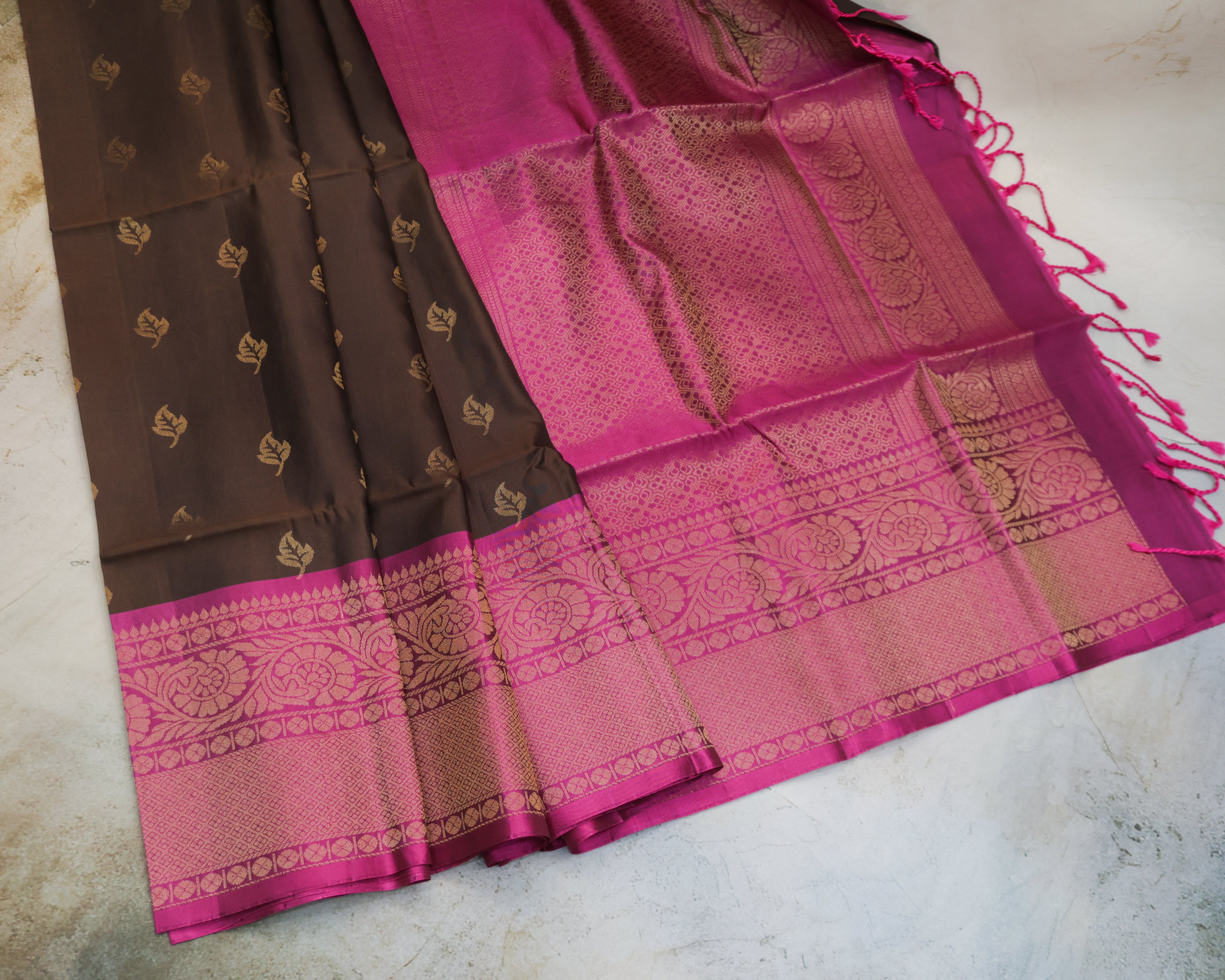 Coffee Brown Kanchipuram Soft Silk Saree with Onion Pink Border