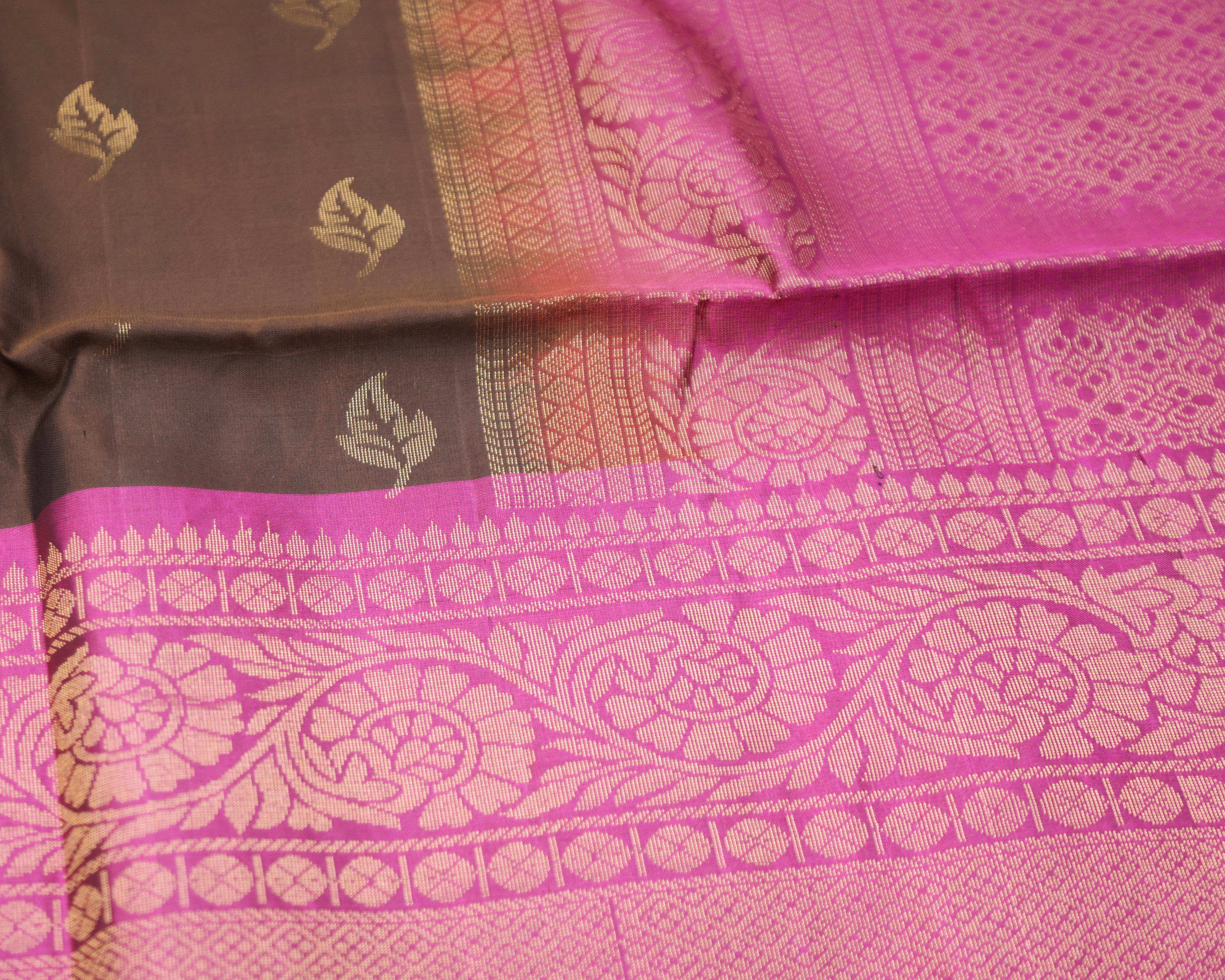 Coffee Brown Kanchipuram Soft Silk Saree with Onion Pink Border