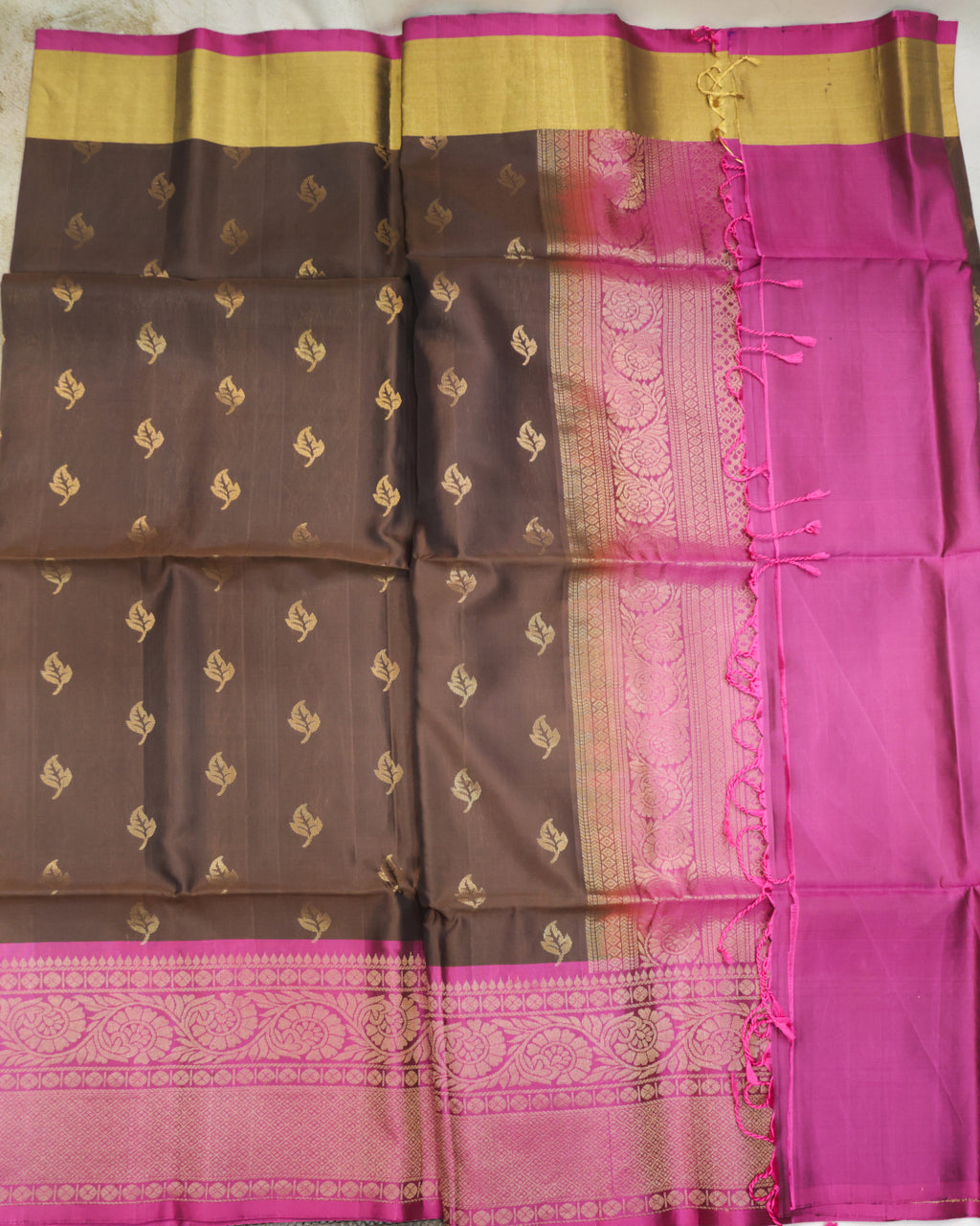 Coffee Brown Kanchipuram Soft Silk Saree with Onion Pink Border
