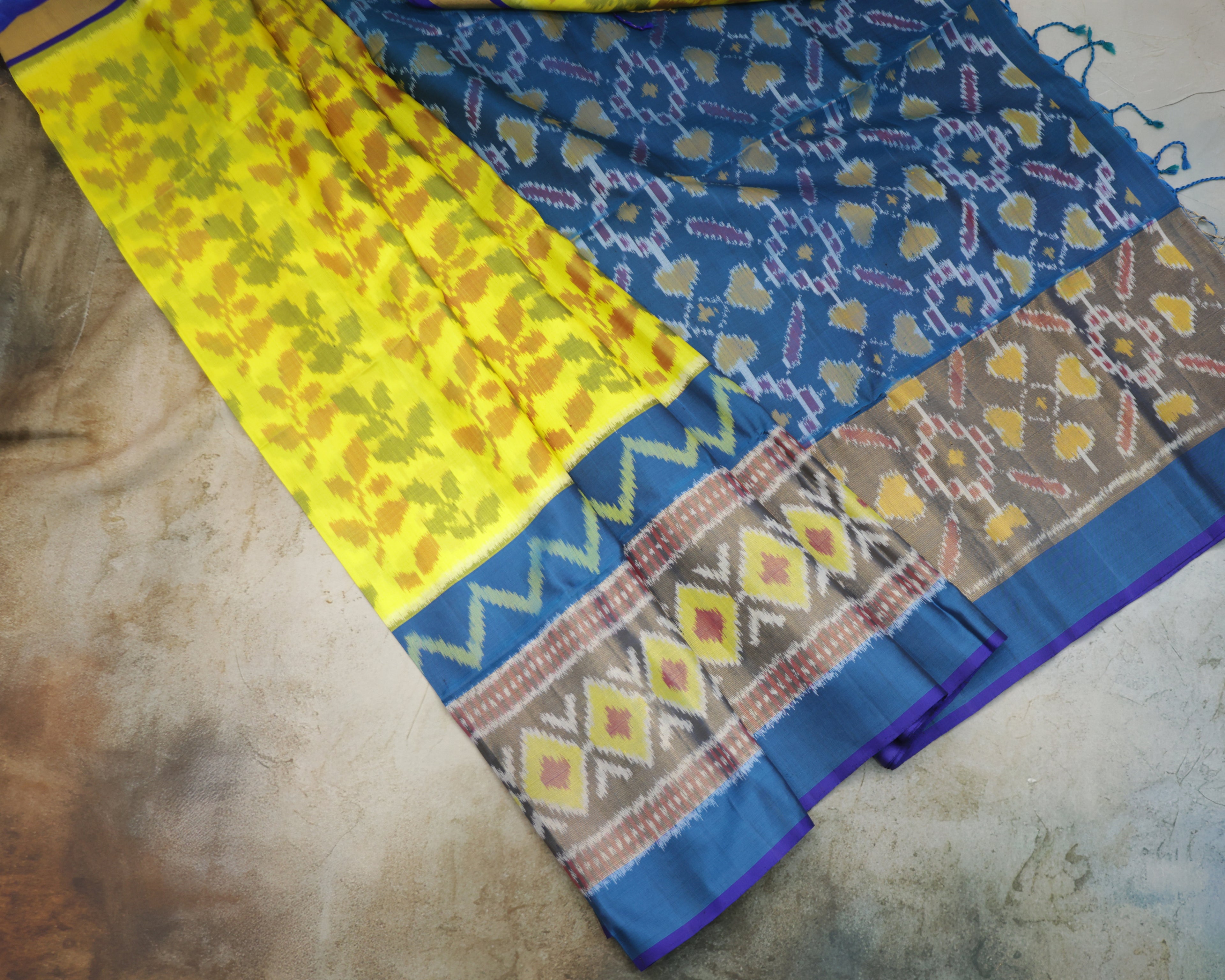 Pochampalli Pure Silk Saree – Plants Pattern in Yellow & Rama Blue