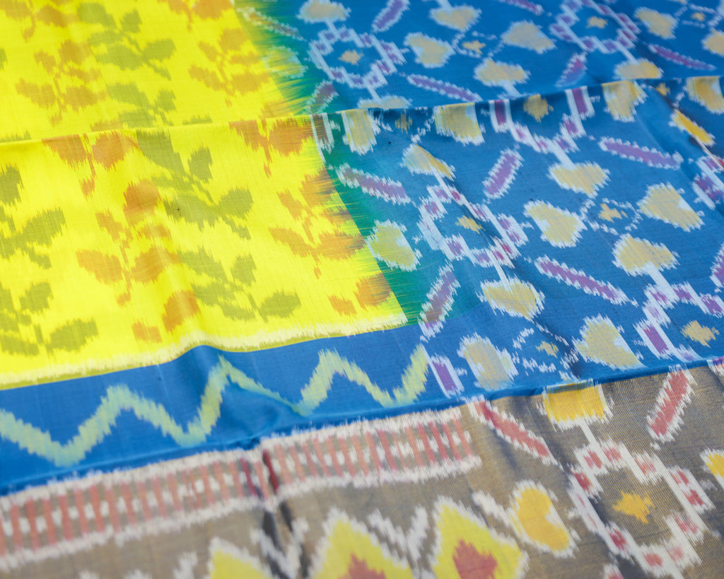 Pochampalli Pure Silk Saree – Plants Pattern in Yellow & Rama Blue