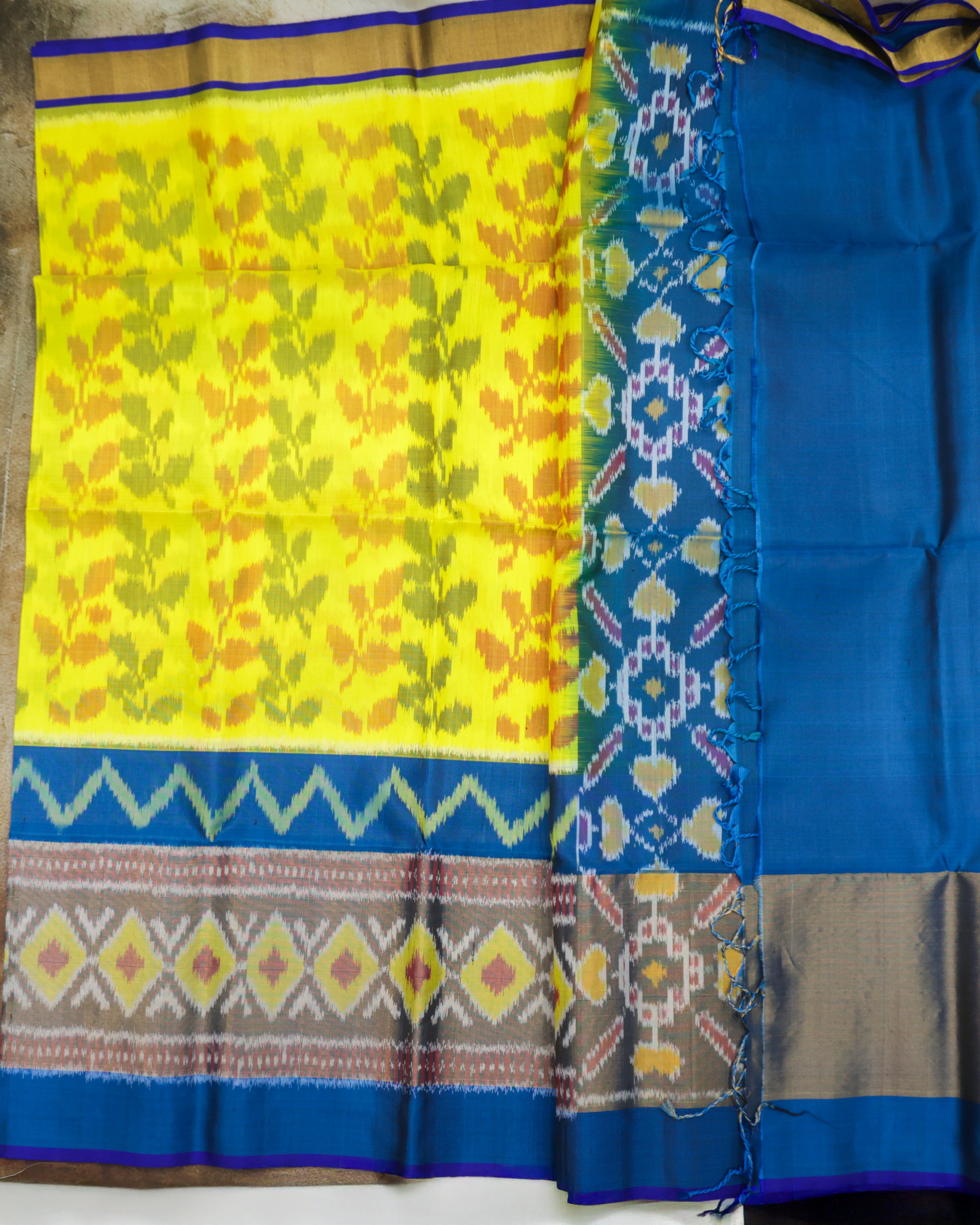 Pochampalli Pure Silk Saree – Plants Pattern in Yellow & Rama Blue