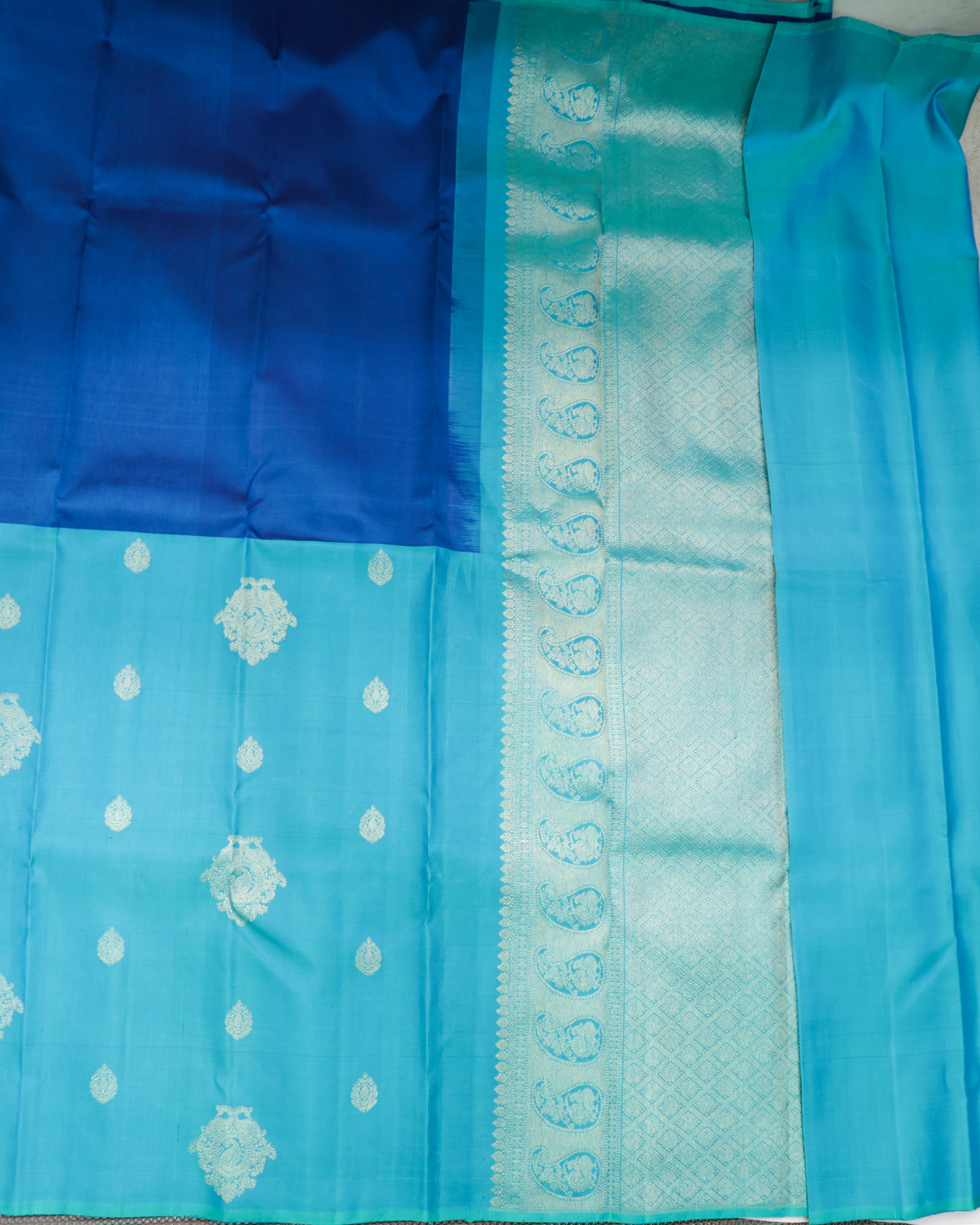 Kanchipuram Half & Half Pure Silk Saree in Blue and Sea Green