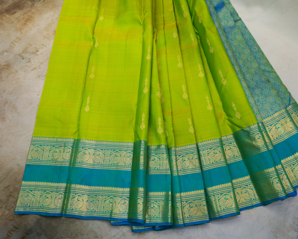 Kanchipuram Pure Silk Parrot Green & Rama Blue Butta Saree