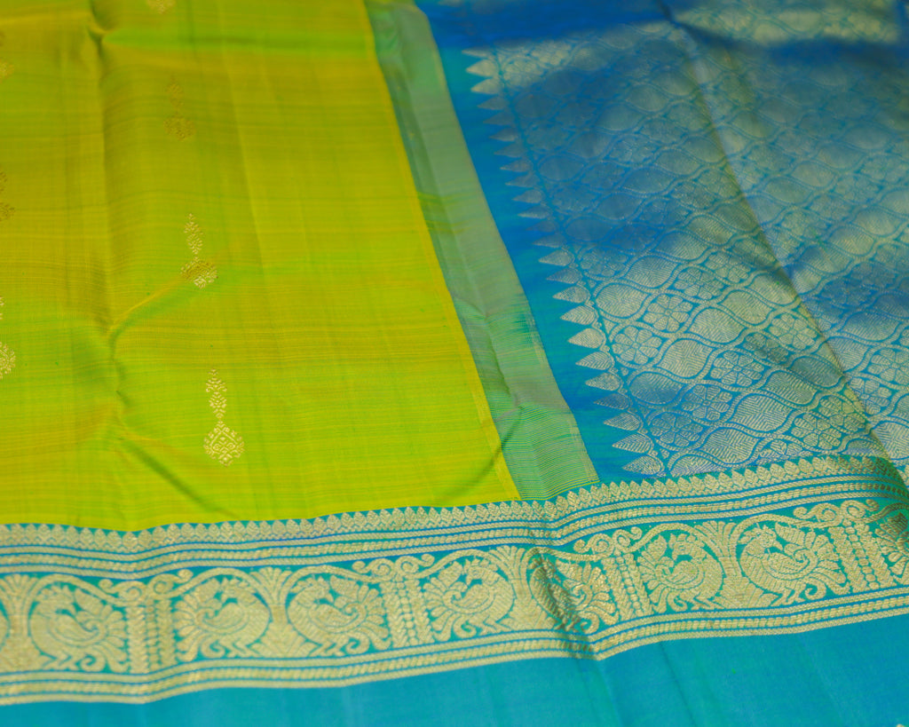 Kanchipuram Pure Silk Parrot Green & Rama Blue Butta Saree