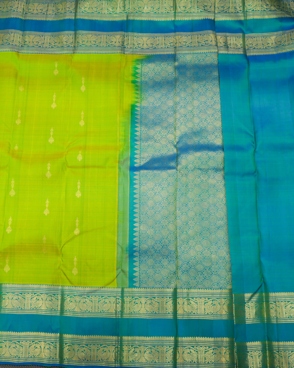 Kanchipuram Pure Silk Parrot Green & Rama Blue Butta Saree