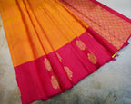 Kanchipuram Pure Silk Saree in Turmeric Yellow & Rani Pink with Zari Border