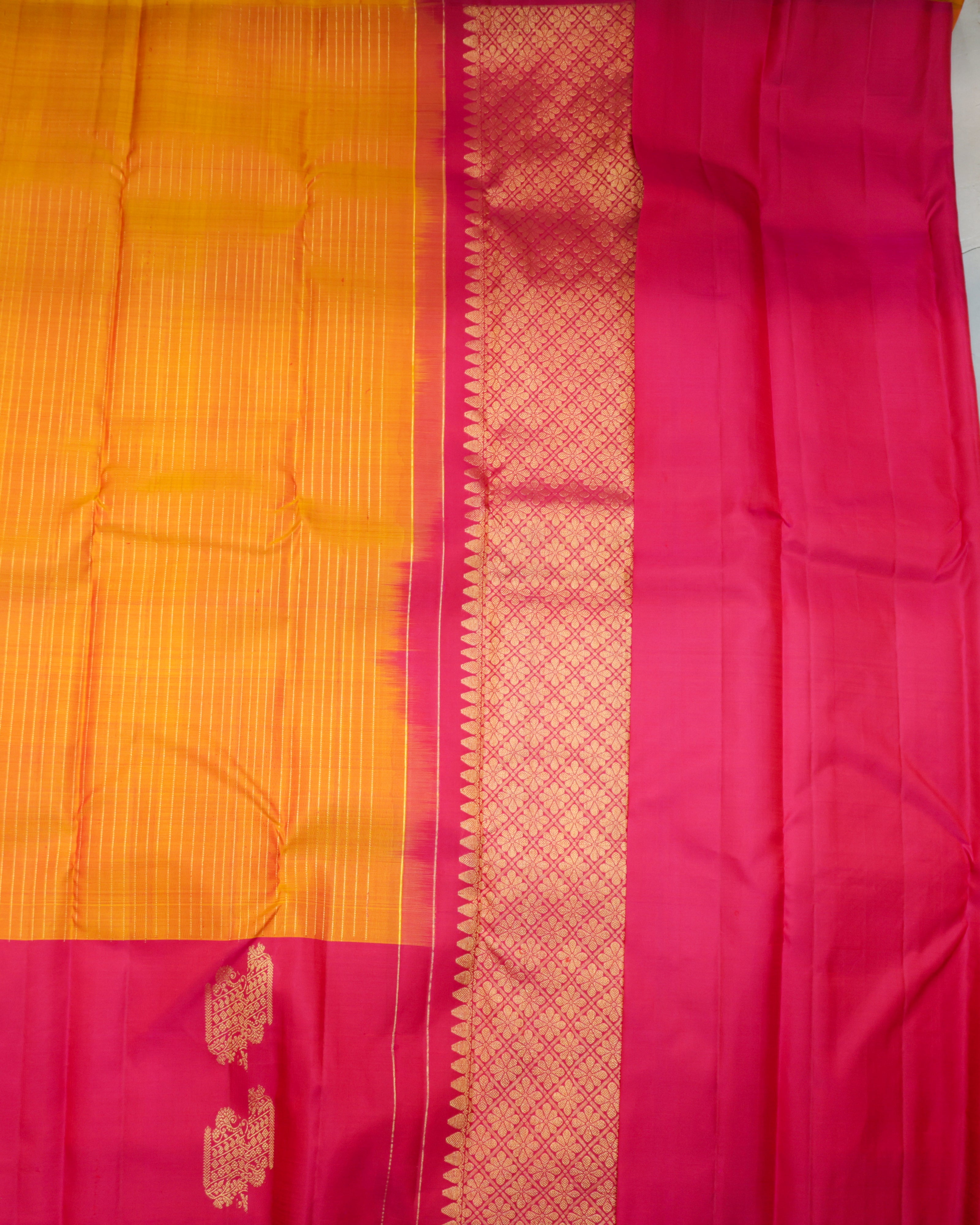Kanchipuram Pure Silk Saree in Turmeric Yellow & Rani Pink with Zari Border