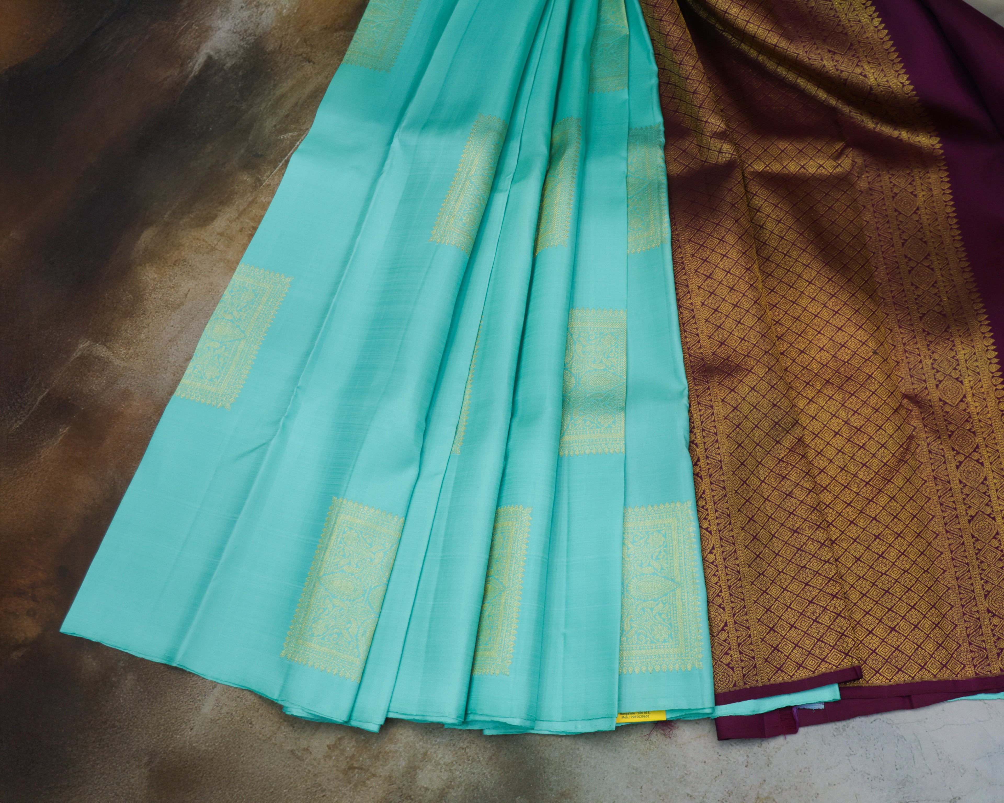 Kanchipuram Pure Silk Saree in Sea Green & Wine with Golden Zari