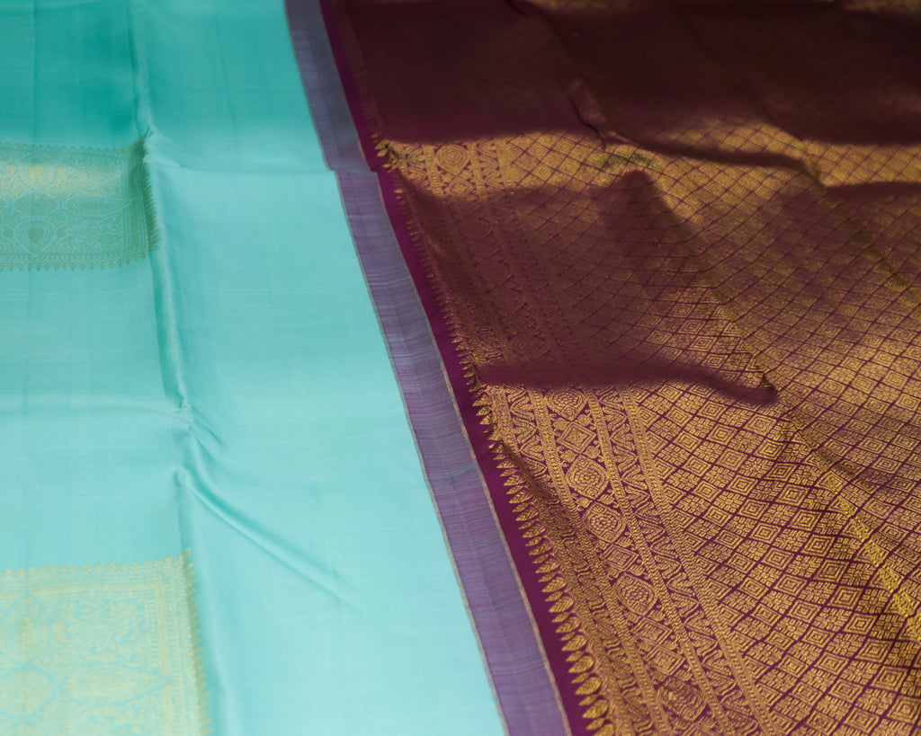 Kanchipuram Pure Silk Saree in Sea Green & Wine with Golden Zari