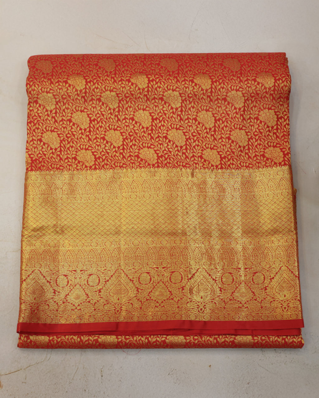 Kanchipuram Bridal Red Silk Saree with All-Over Golden Zari