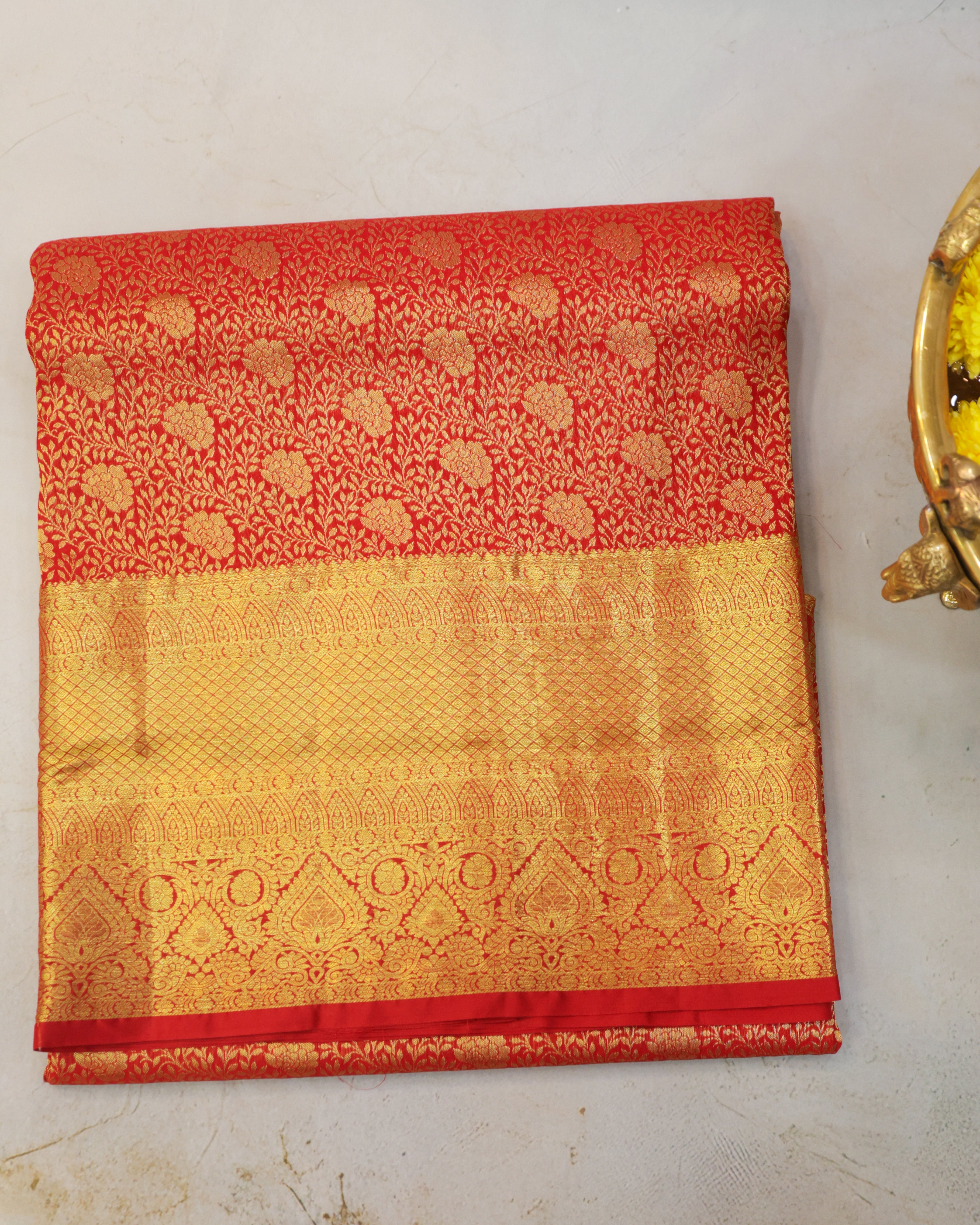 Kanchipuram Bridal Red Silk Saree with All-Over Golden Zari