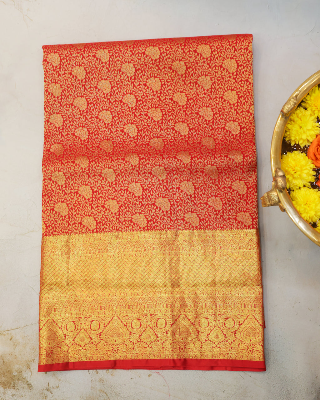 Kanchipuram Bridal Red Silk Saree with All-Over Golden Zari