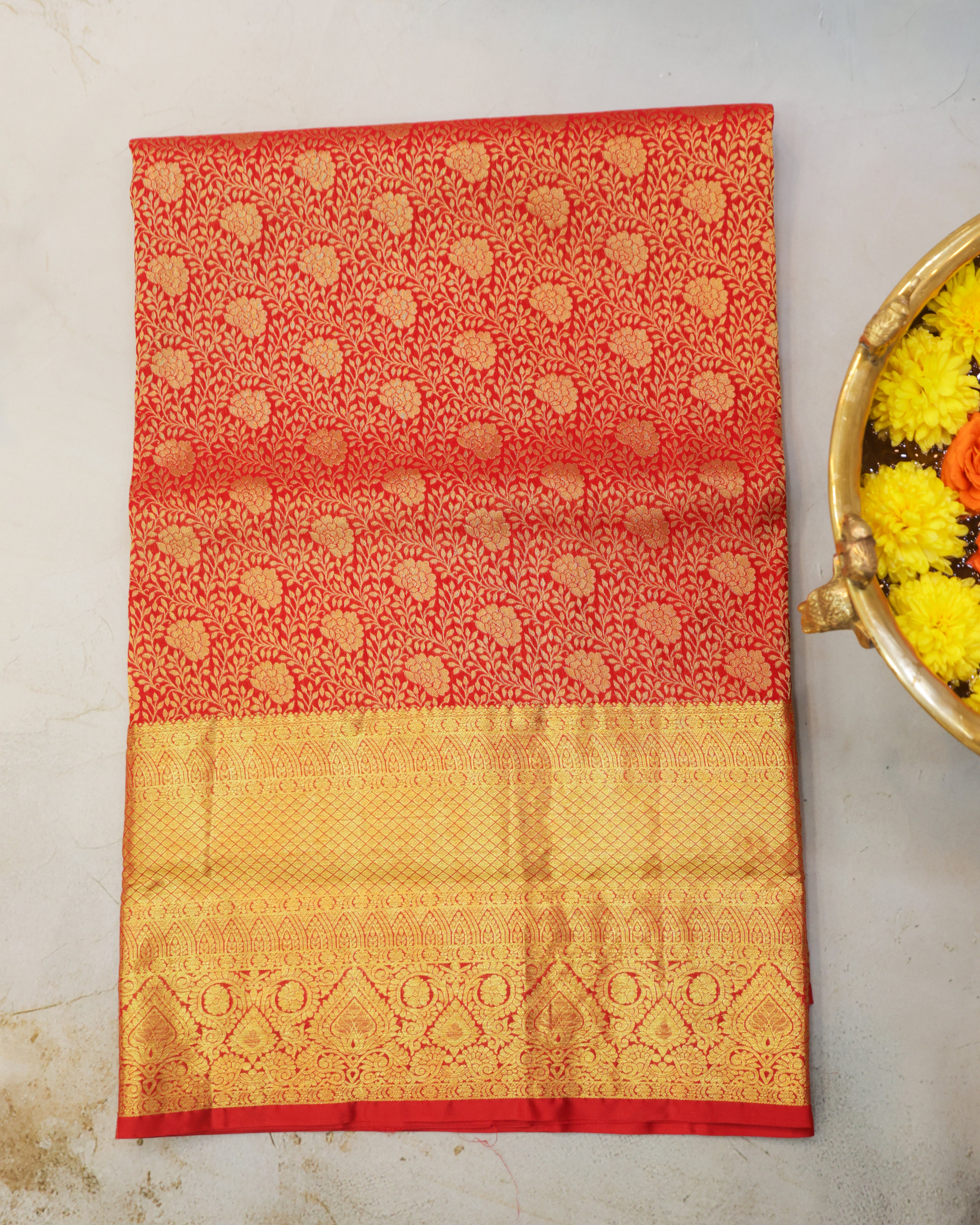 Kanchipuram Bridal Red Silk Saree with All-Over Golden Zari