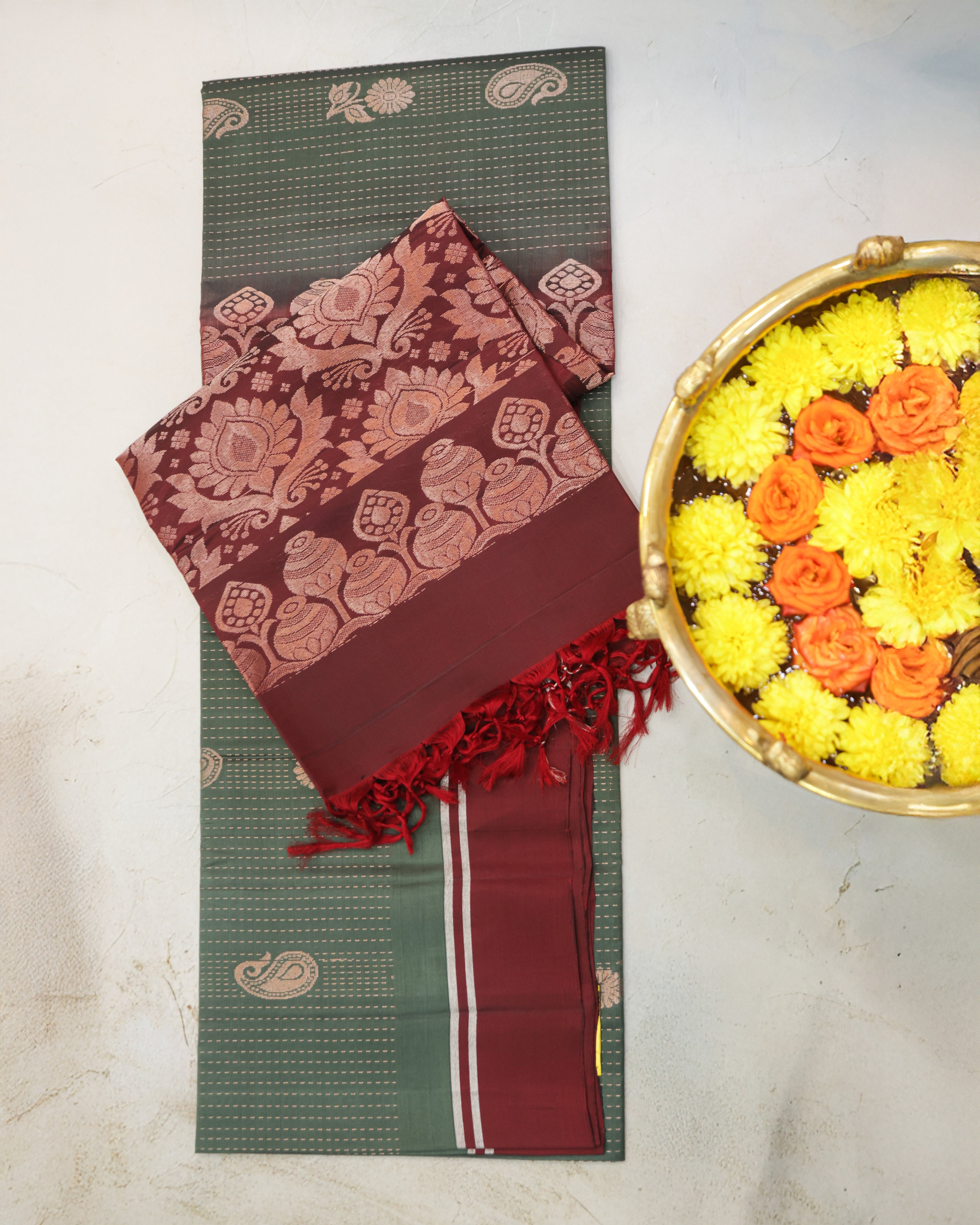 Kanchipuram Raindrop Golden Soft Silk Saree