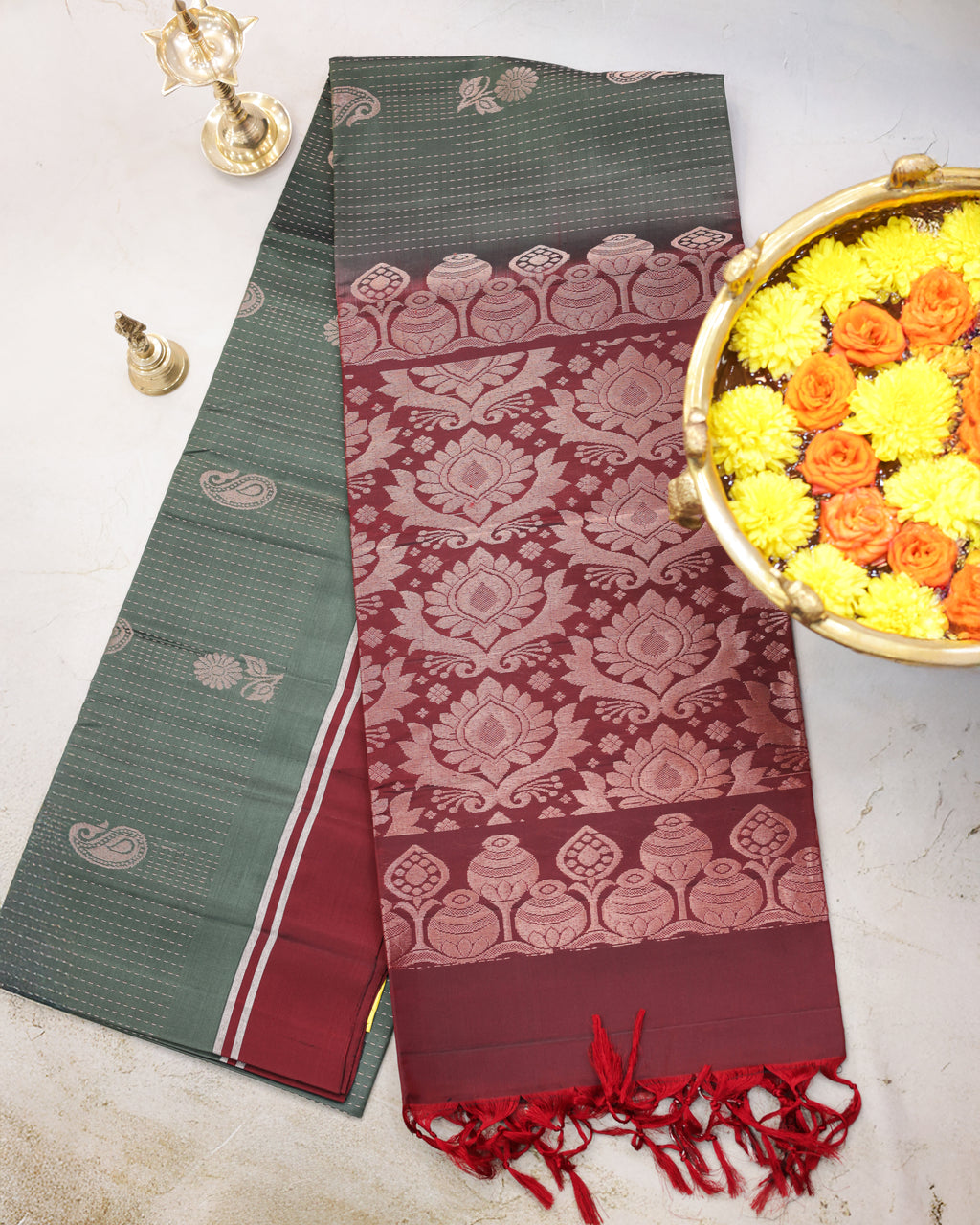 Kanchipuram Raindrop Golden Soft Silk Saree