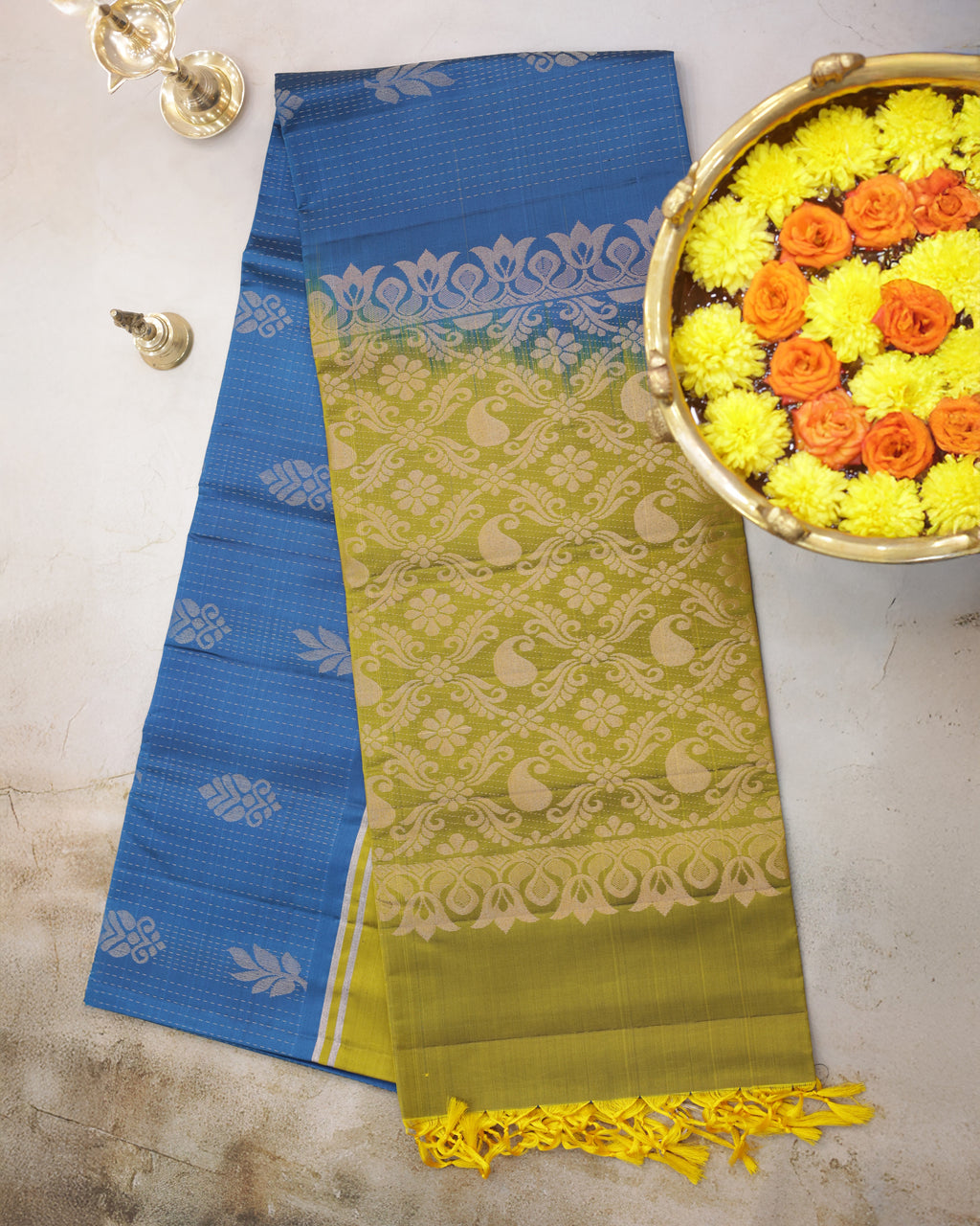Kanchipuram Rain Drop Golden Soft Silk Saree