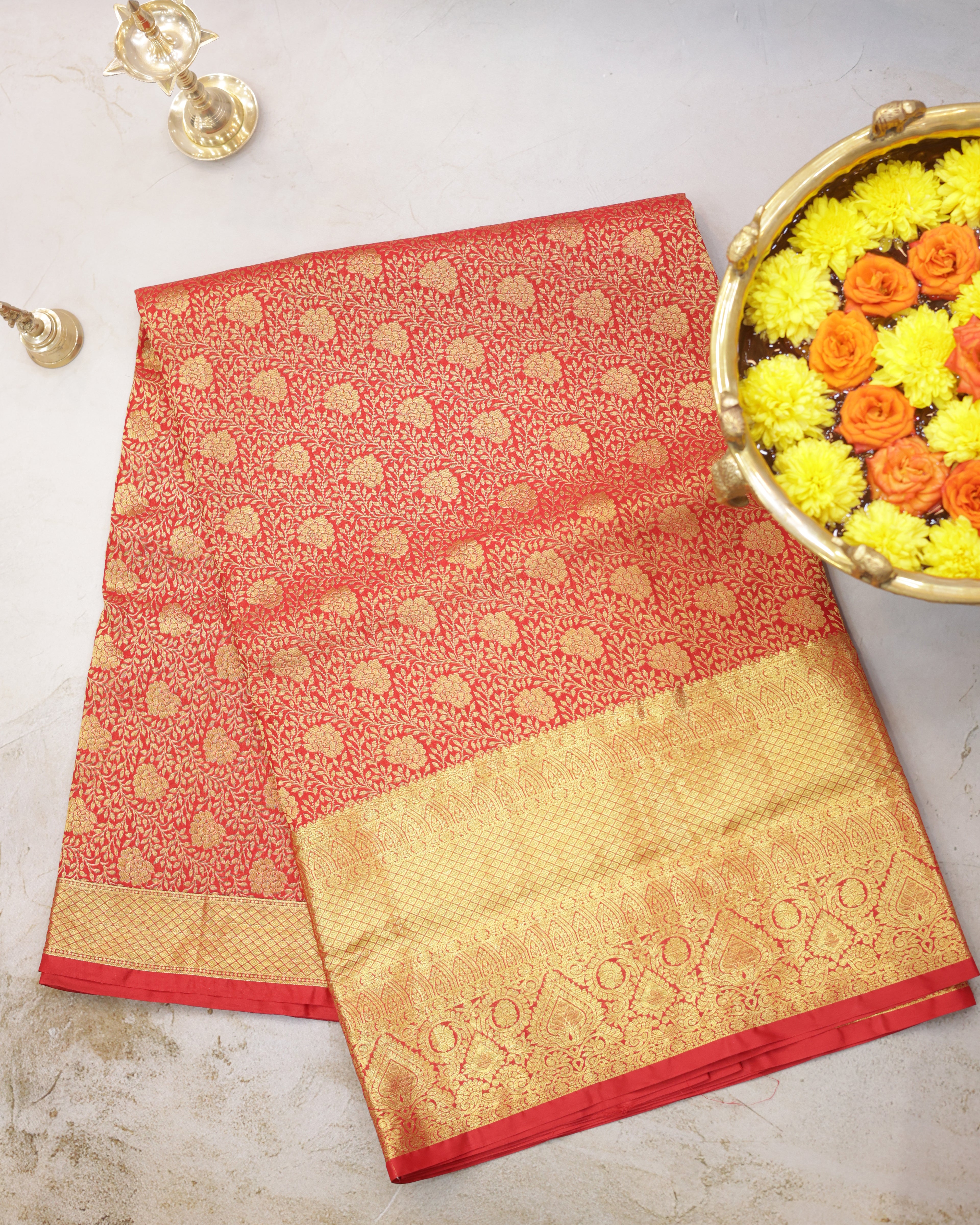 Kanchipuram Bridal Red Silk Saree with All-Over Golden Zari