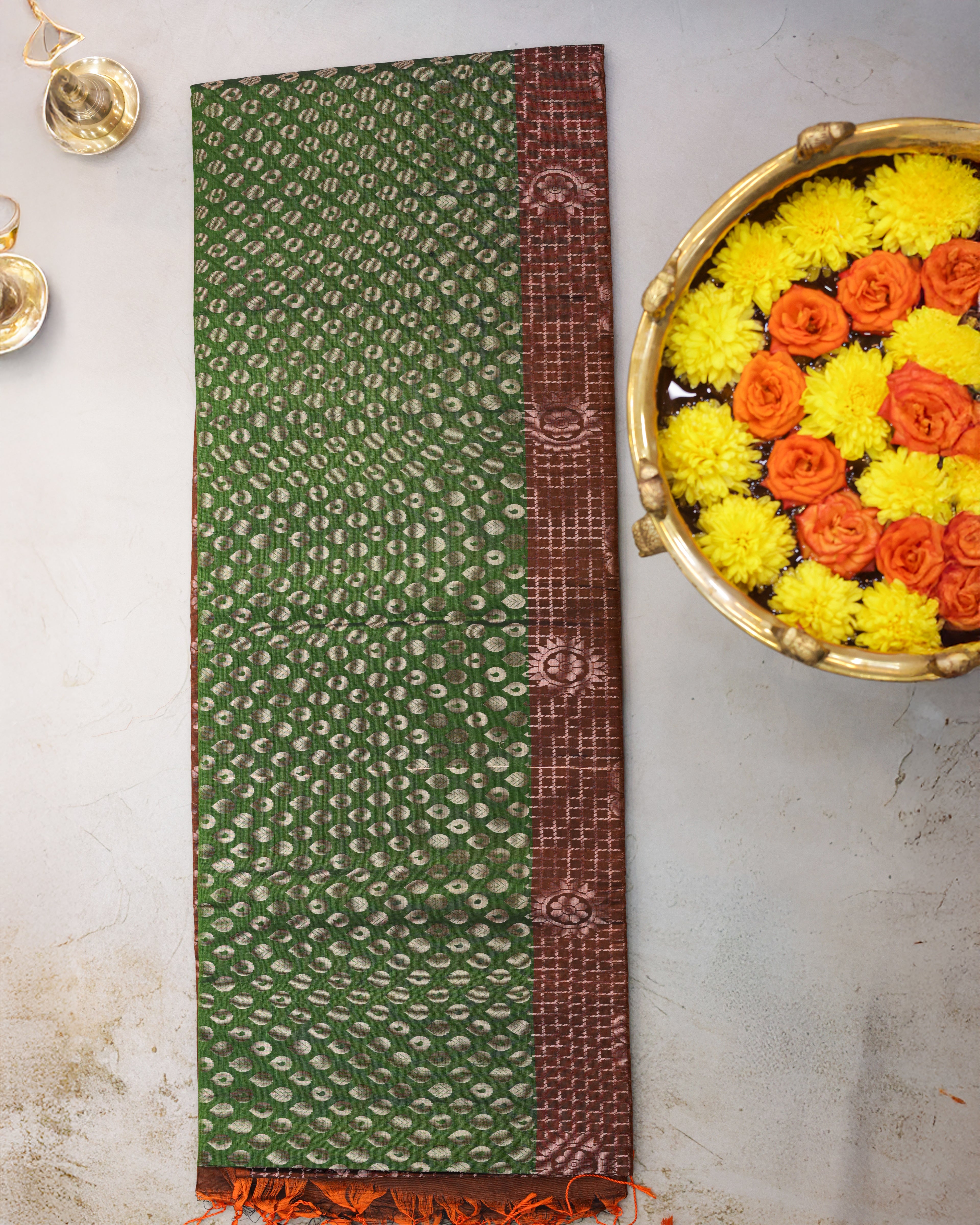 Kanchipuram Green & Brick Zari Silk Saree