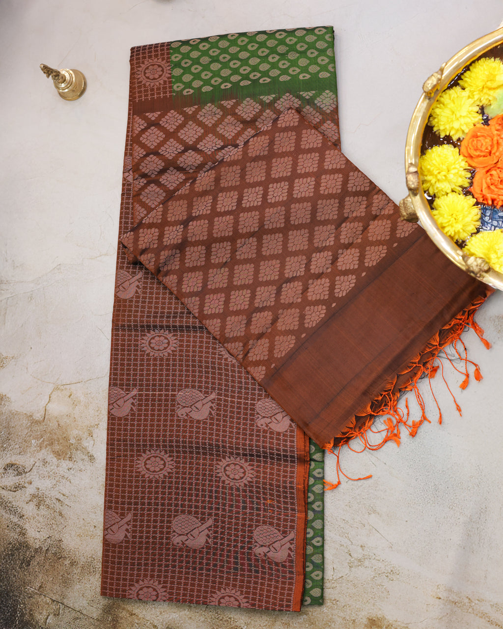 Kanchipuram Green & Brick Zari Silk Saree