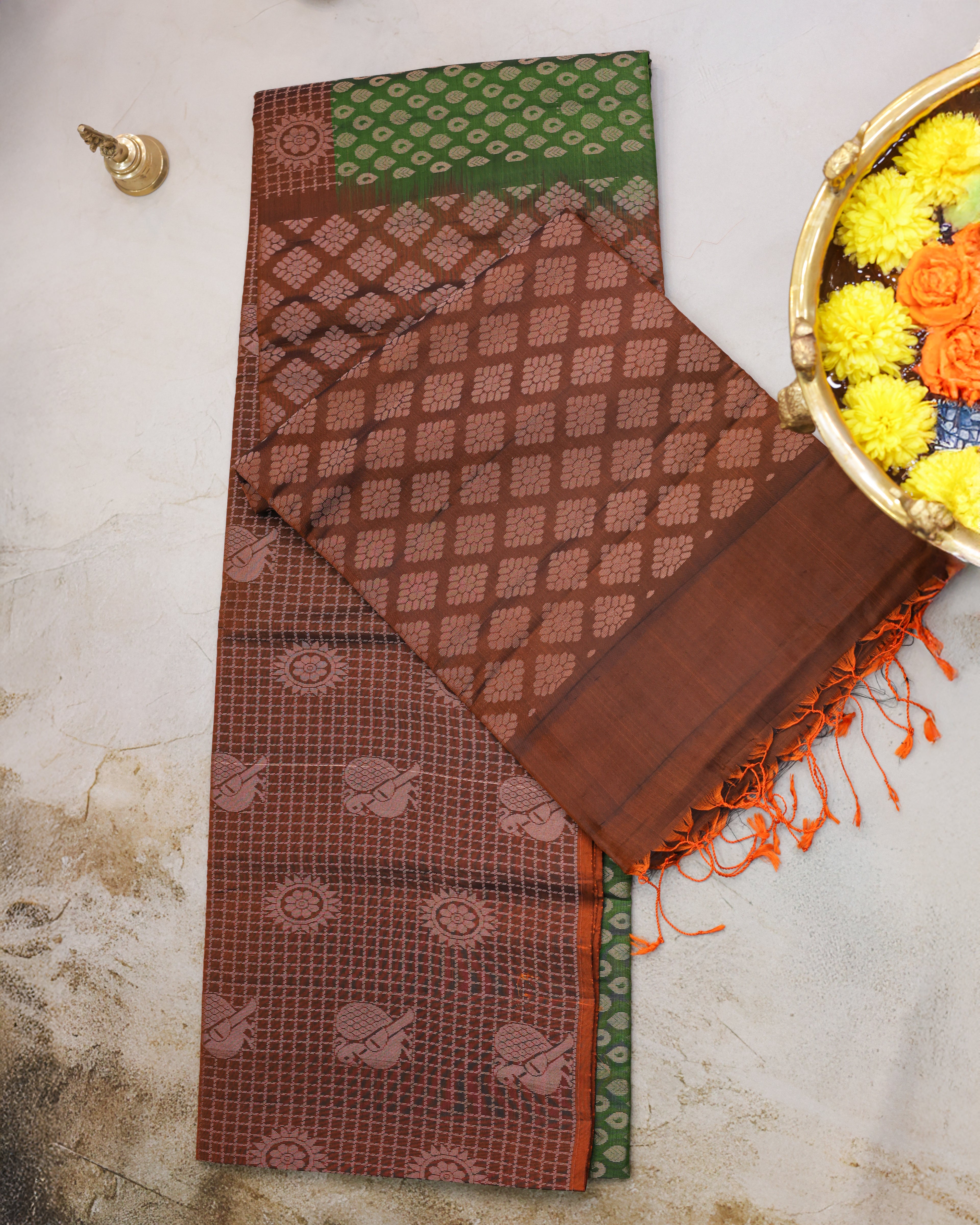 Kanchipuram Green & Brick Zari Silk Saree