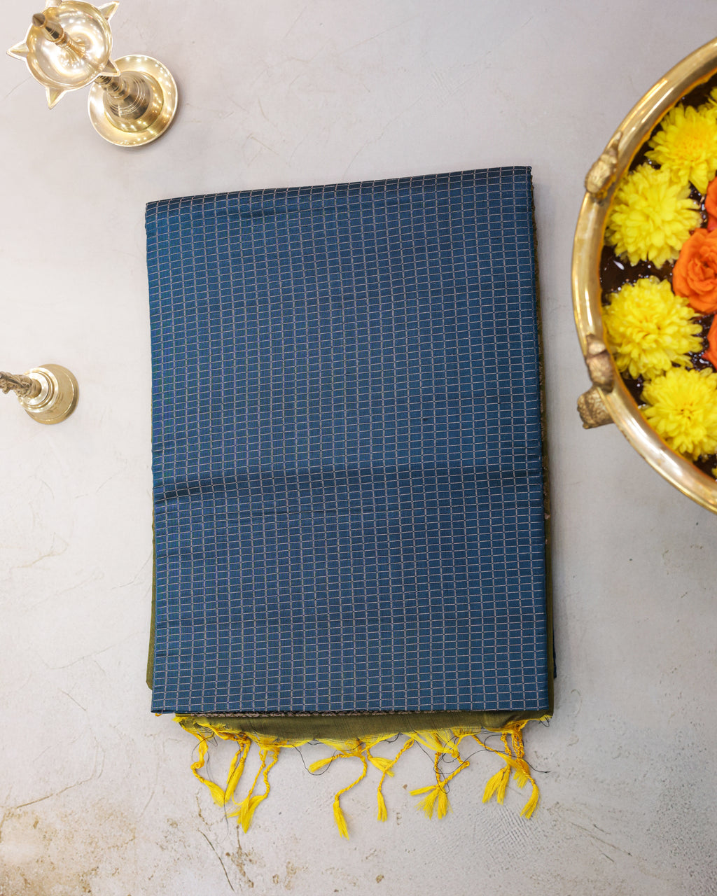 Kanchipuram Rama Blue Checks Silk Saree