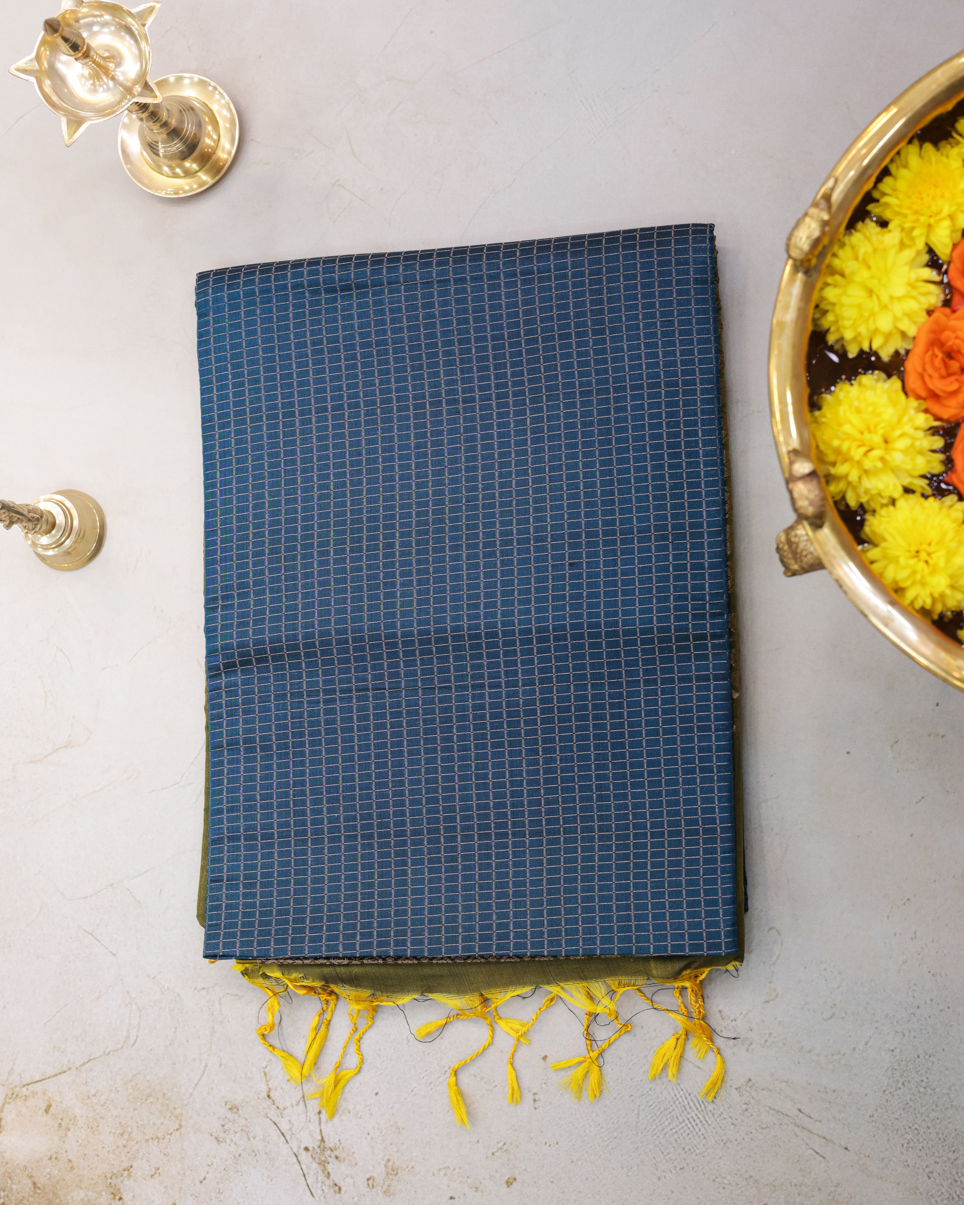 Kanchipuram Rama Blue Checks Silk Saree