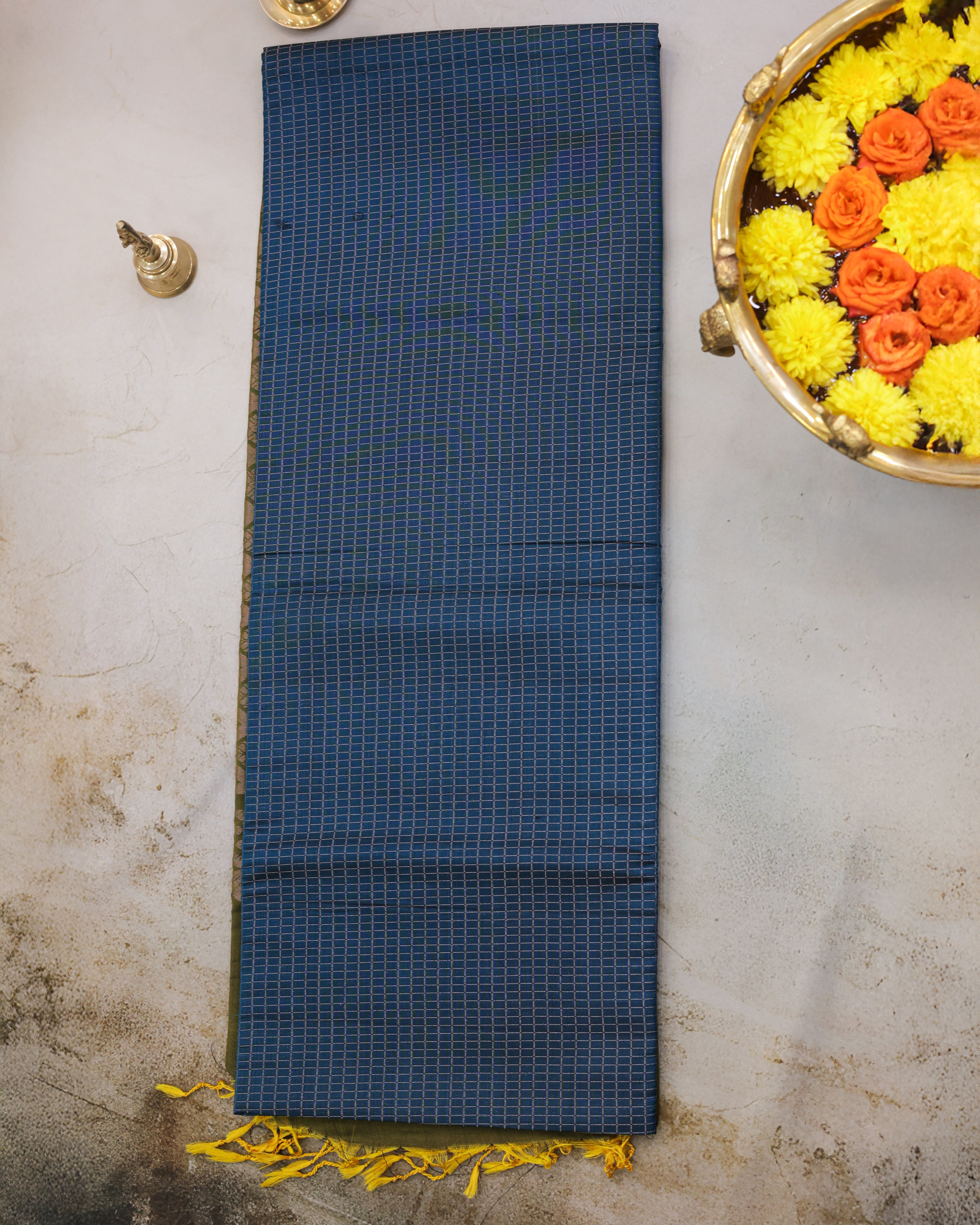 Kanchipuram Rama Blue Checks Silk Saree