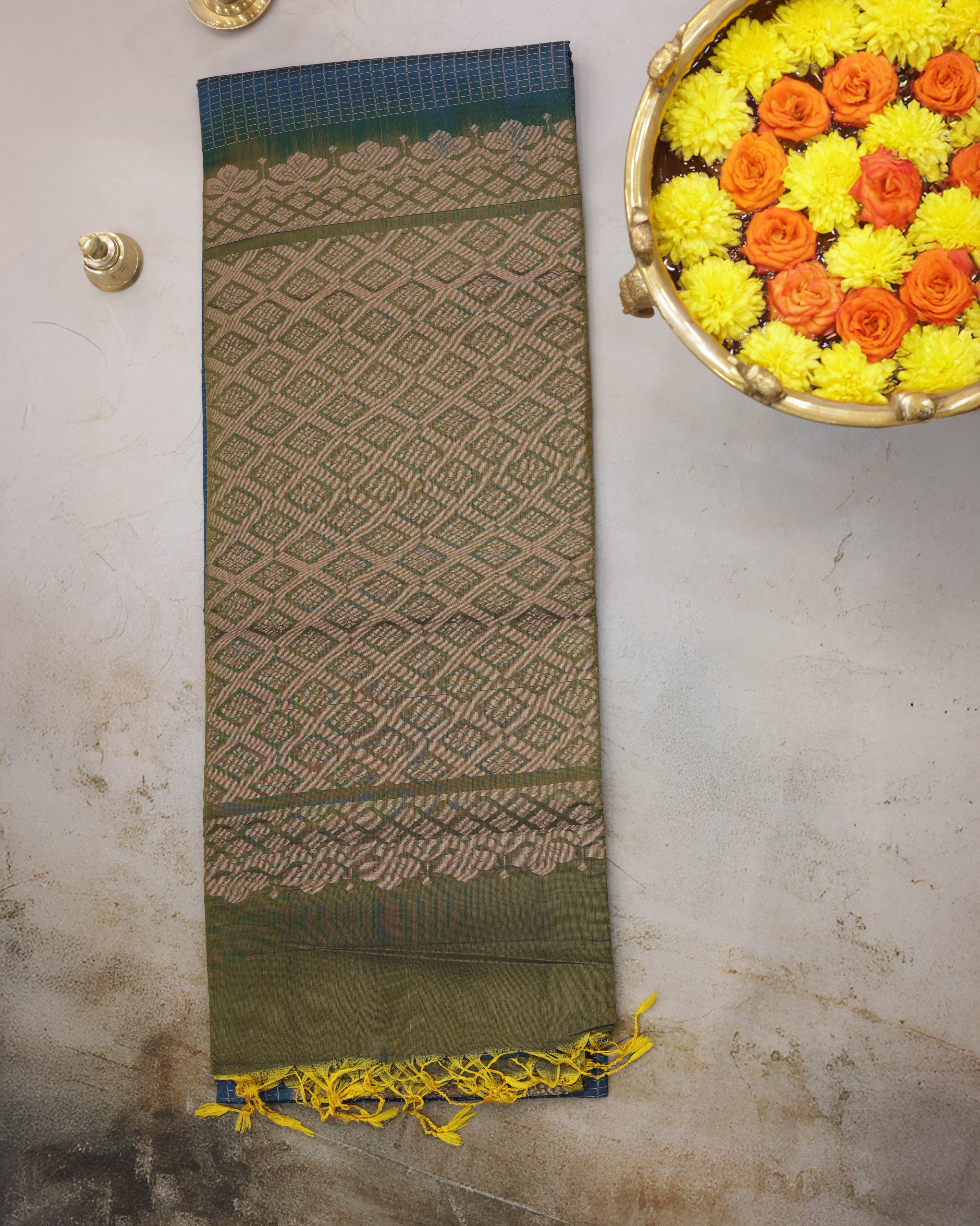 Kanchipuram Rama Blue Checks Silk Saree