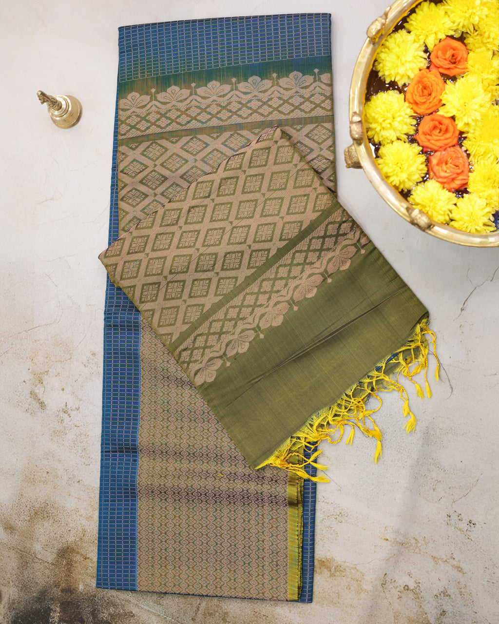 Kanchipuram Rama Blue Checks Silk Saree
