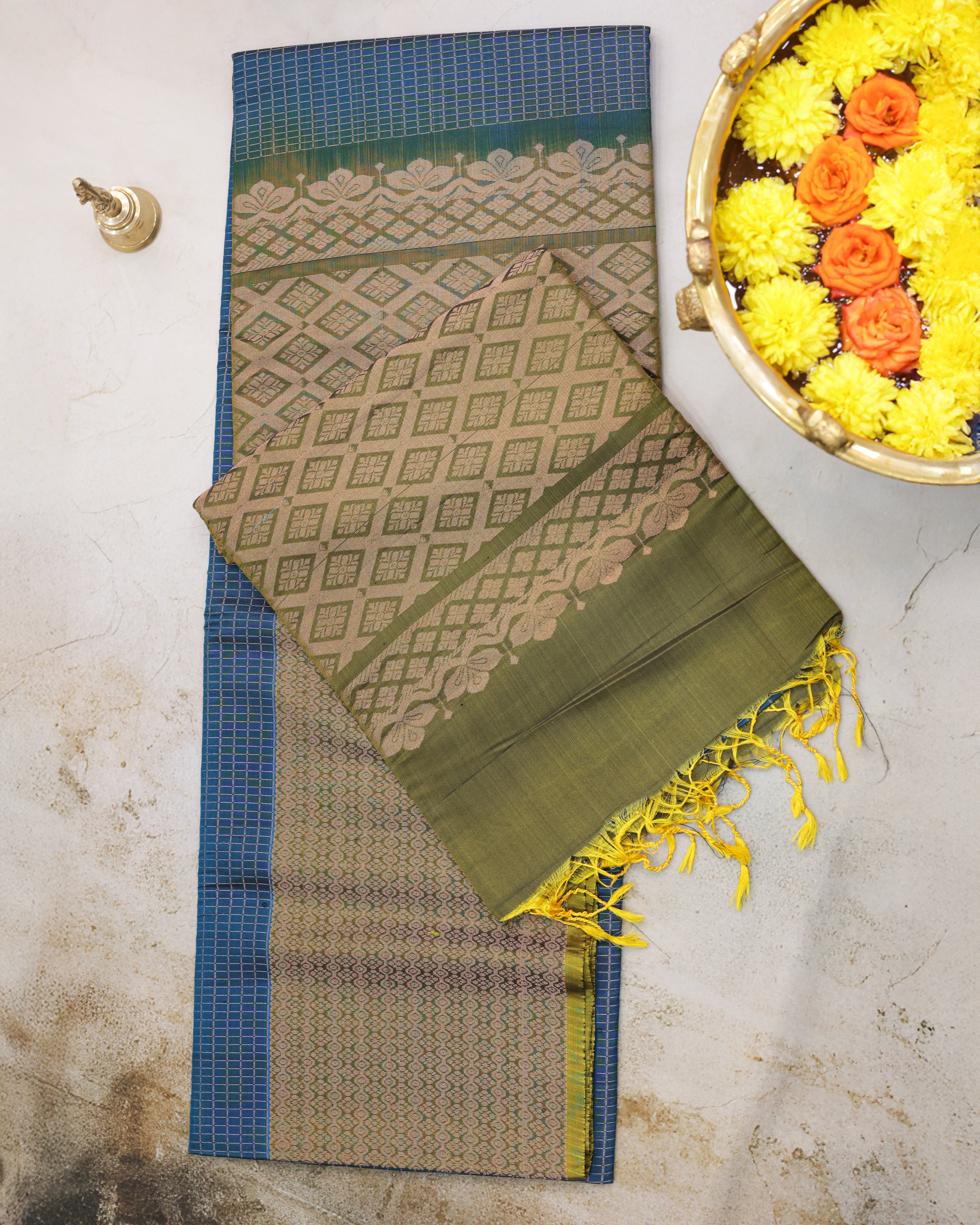 Kanchipuram Rama Blue Checks Silk Saree