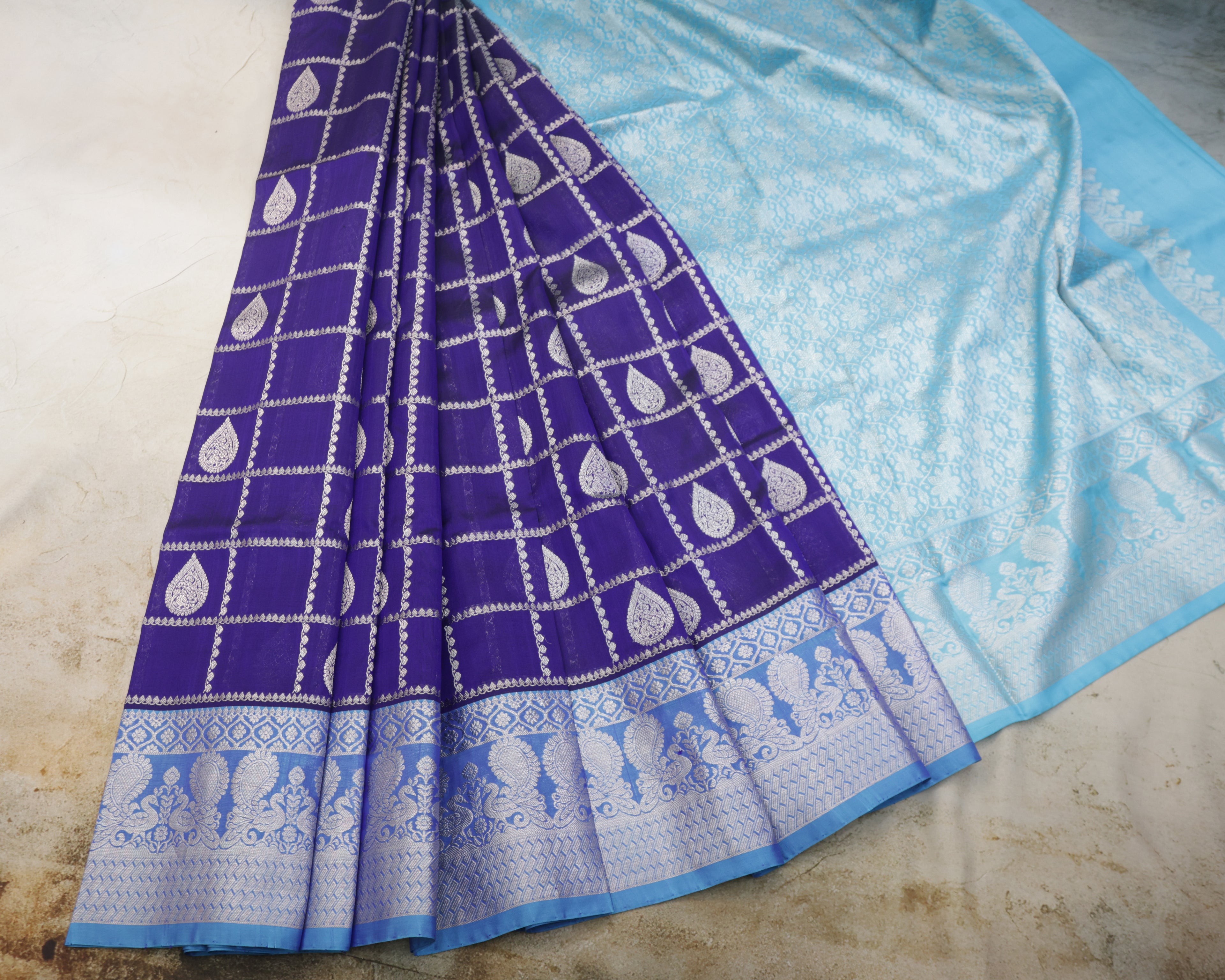 Venkatagiri Pure Silk Royal Blue Checks Saree