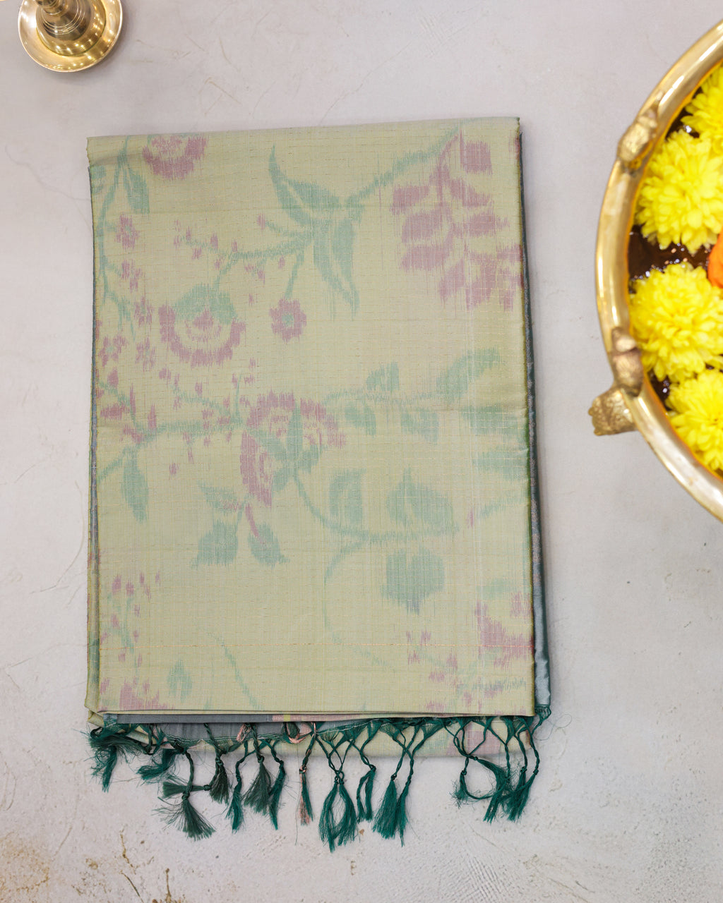 Pastel Pista Green Pochampalli Soft Silk Saree with Zari Accents