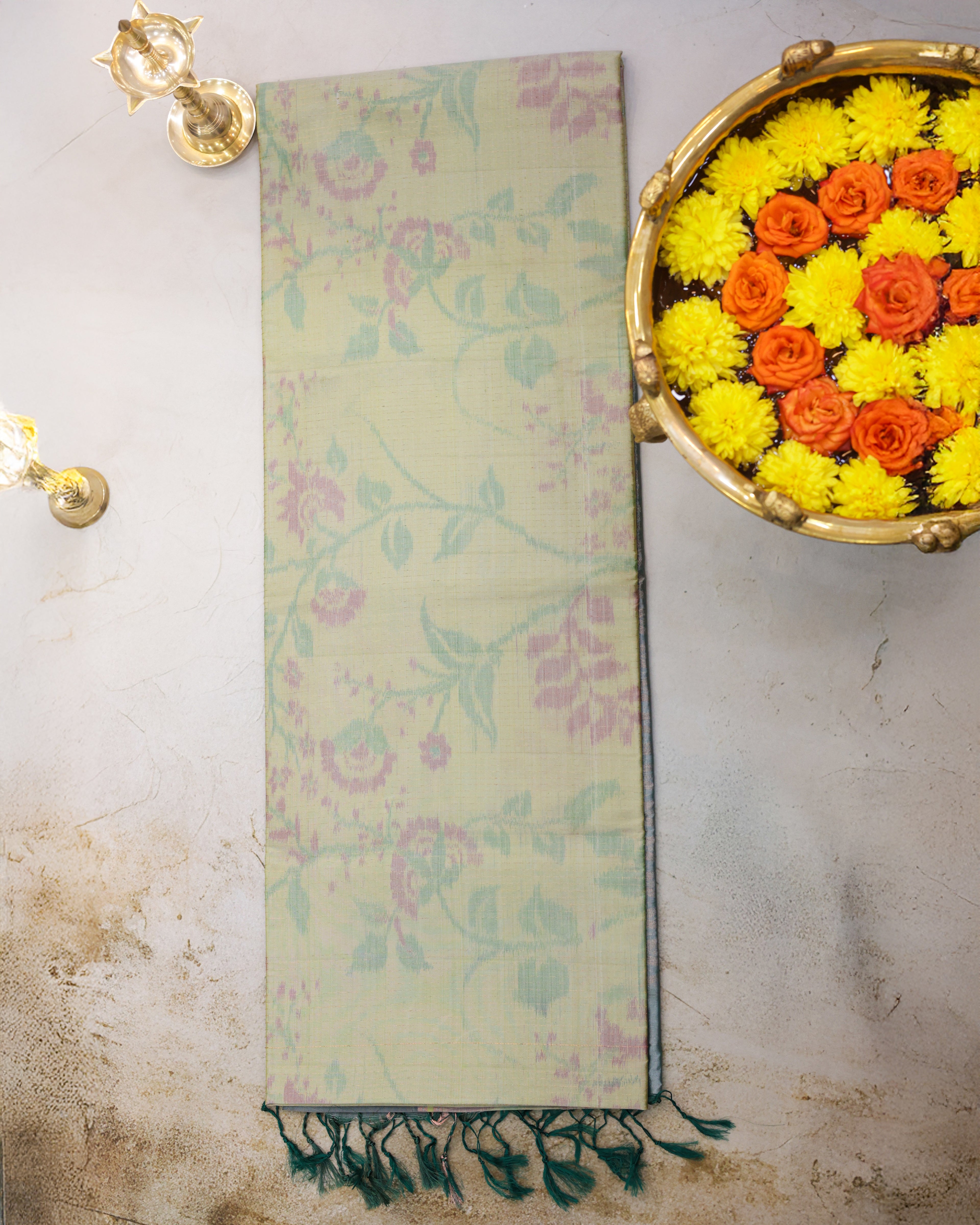 Pastel Pista Green Pochampalli Soft Silk Saree with Zari Accents