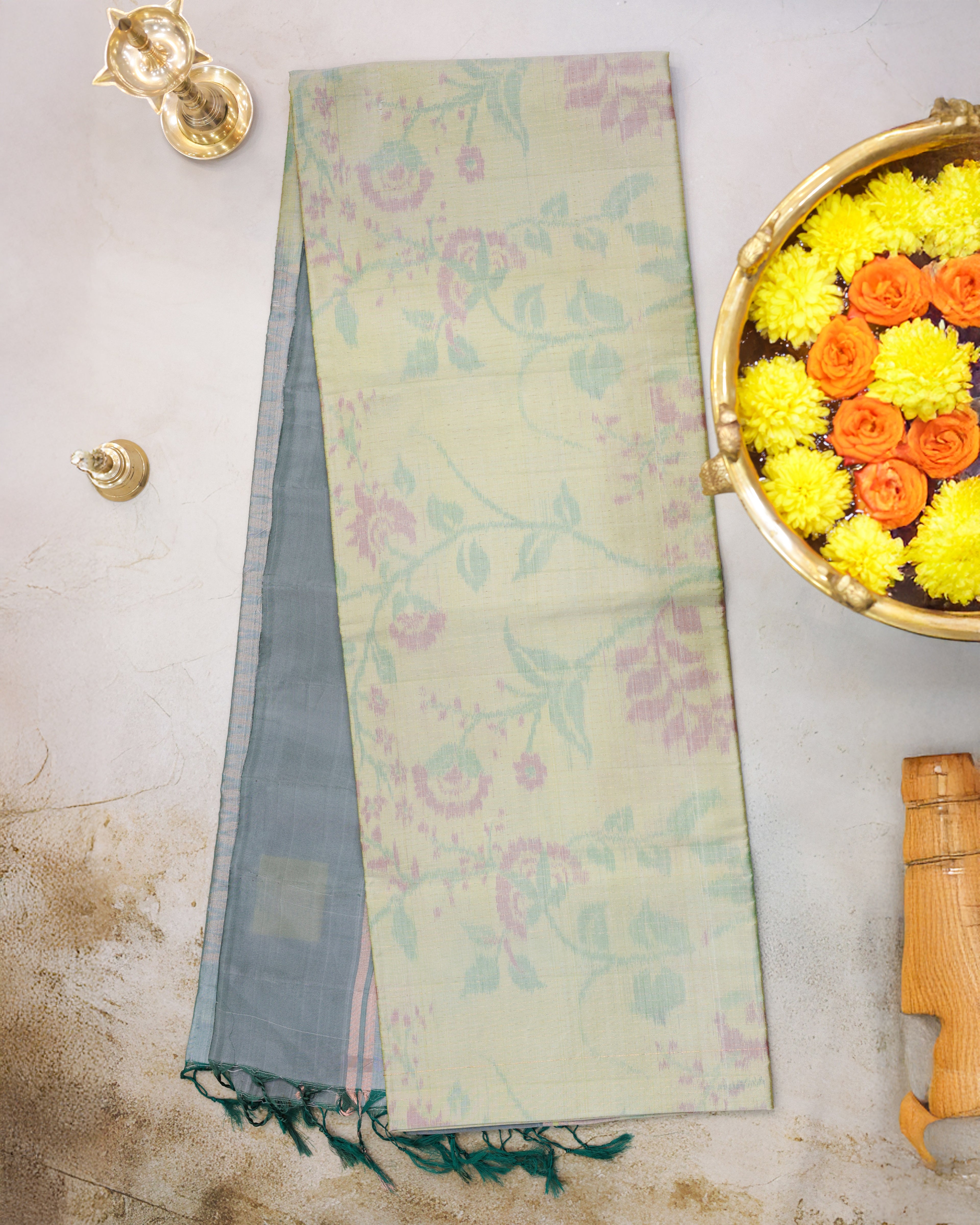 Pastel Pista Green Pochampalli Soft Silk Saree with Zari Accents