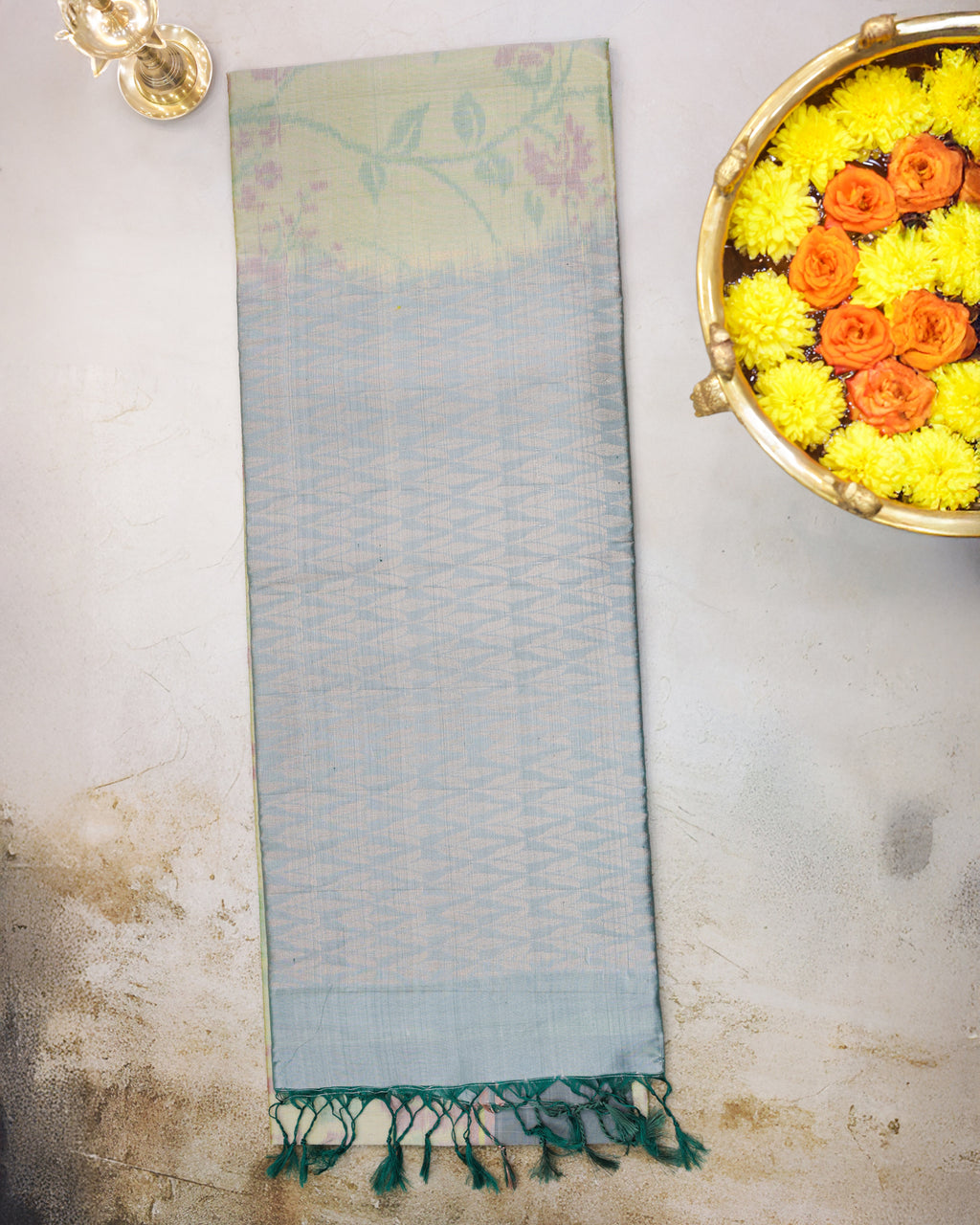 Pastel Pista Green Pochampalli Soft Silk Saree with Zari Accents
