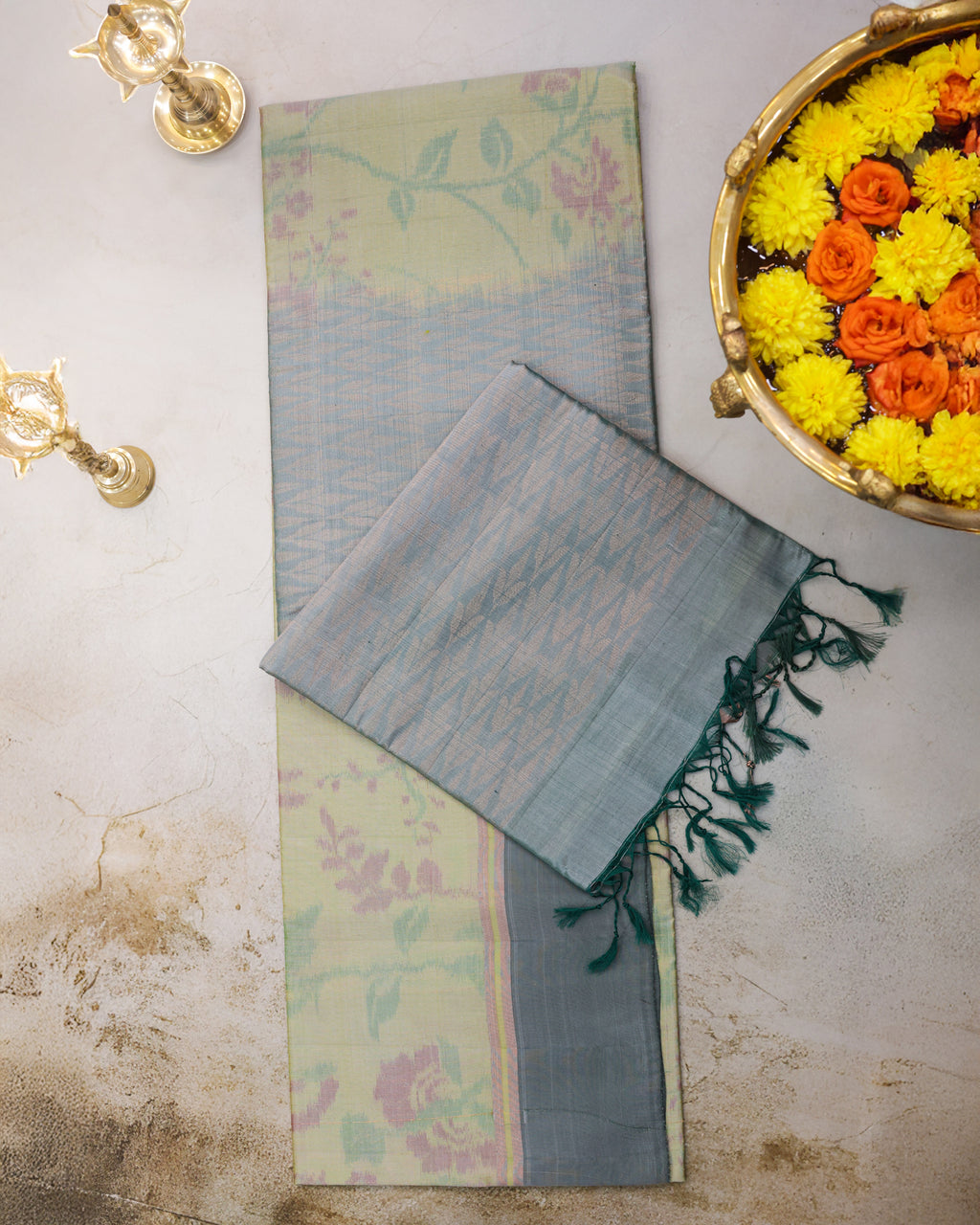 Pastel Pista Green Pochampalli Soft Silk Saree with Zari Accents
