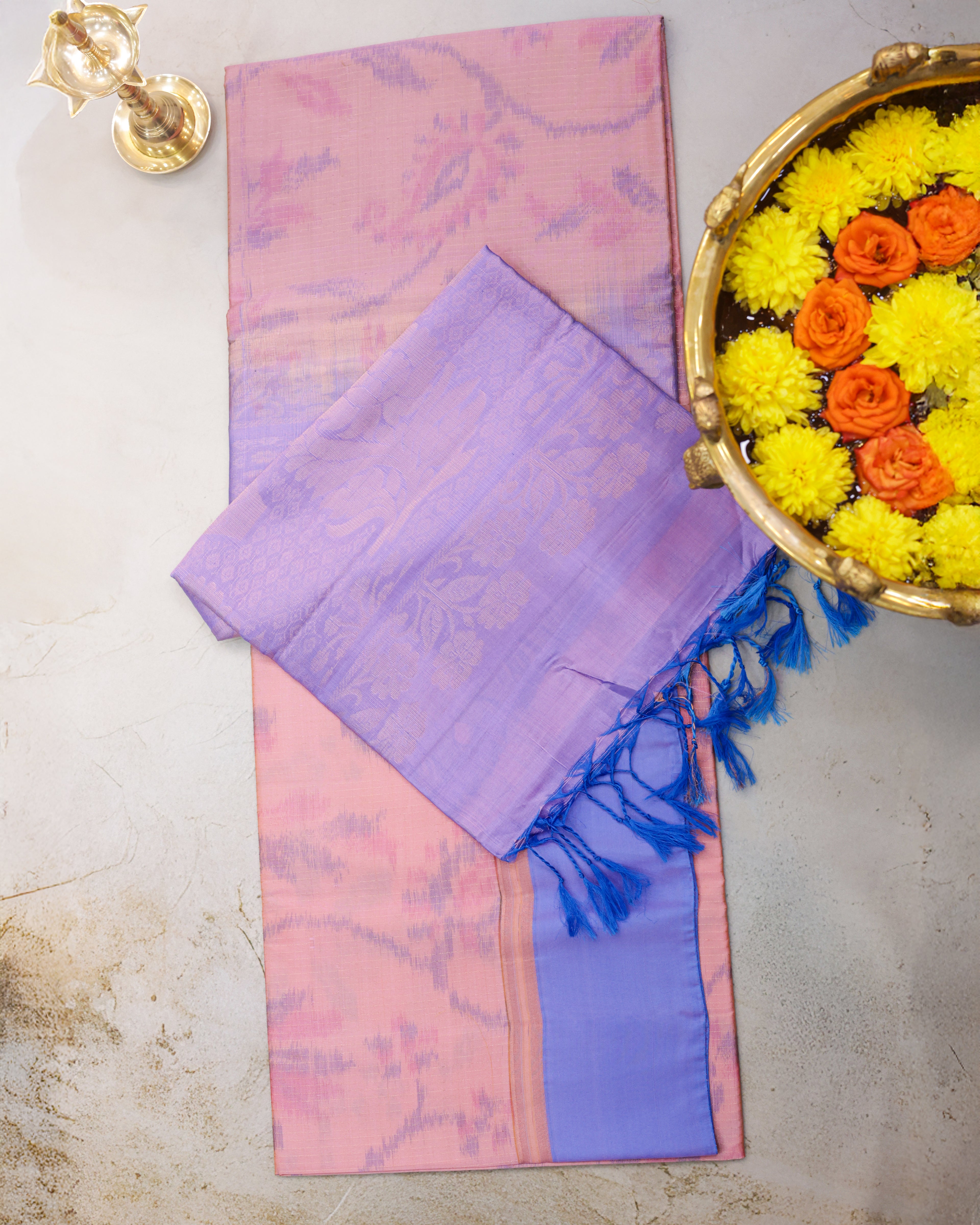 Soft Silk Pochampalli Lines Saree – Pastel Pink