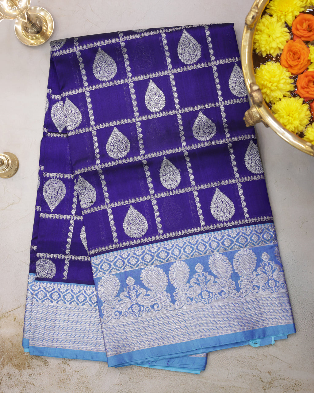 Venkatagiri Pure Silk Royal Blue Checks Saree