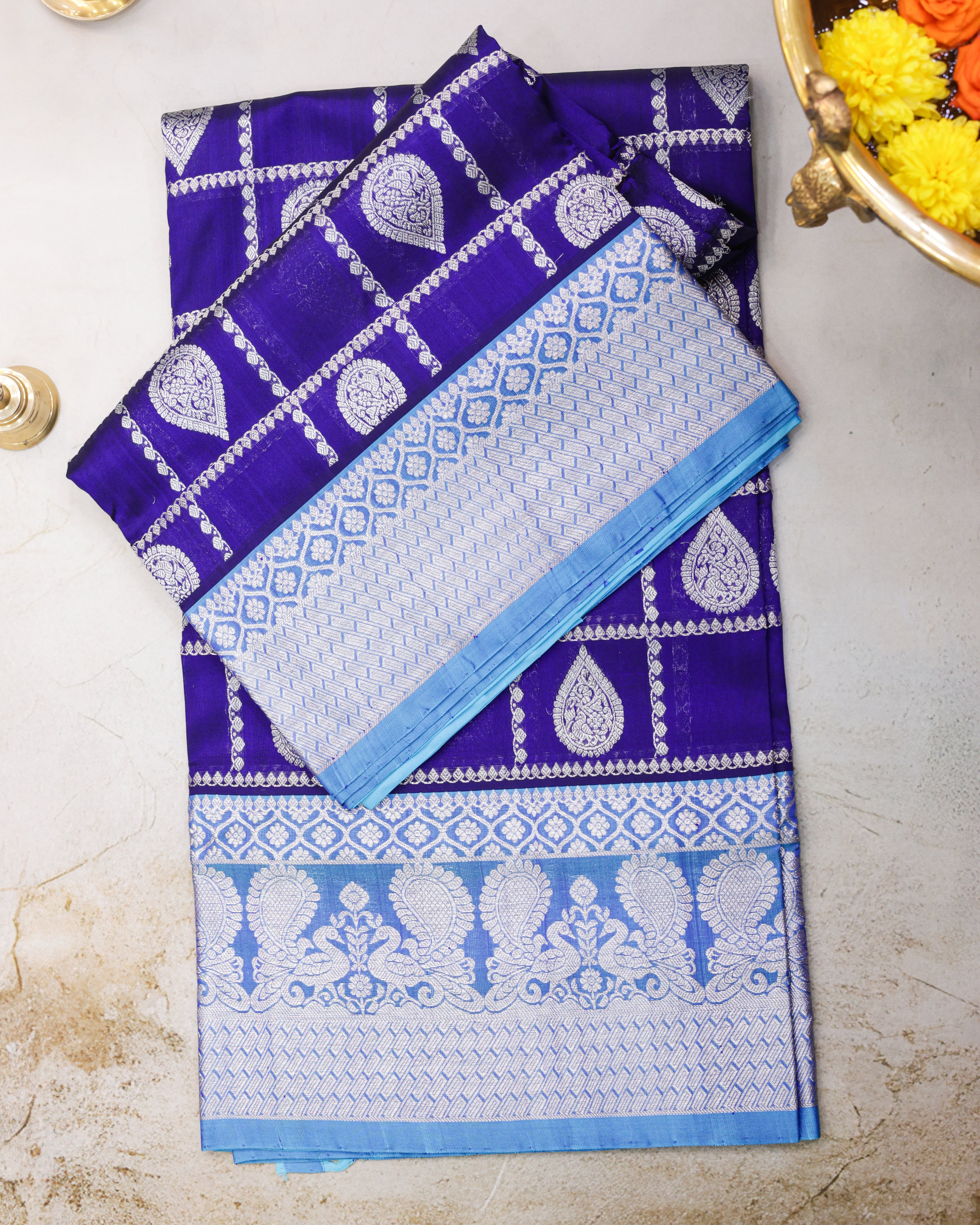 Venkatagiri Pure Silk Royal Blue Checks Saree