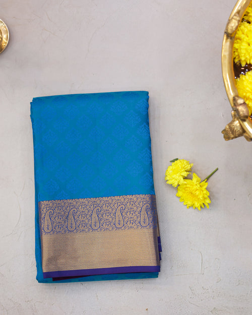 Kanchipuram Embossed Soft Silk Saree in Rama Blue & Dark Purple