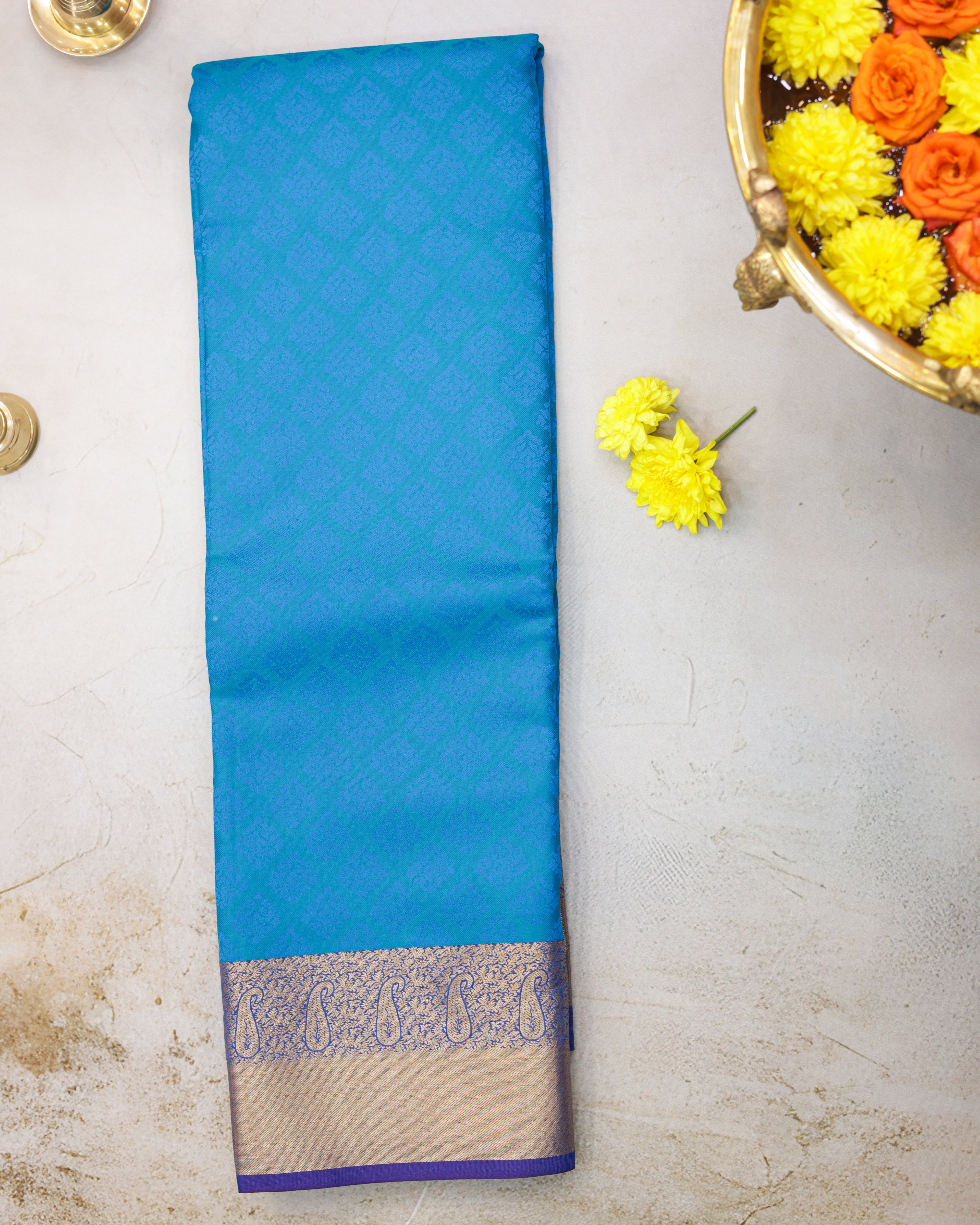 Kanchipuram Embossed Soft Silk Saree in Rama Blue & Dark Purple