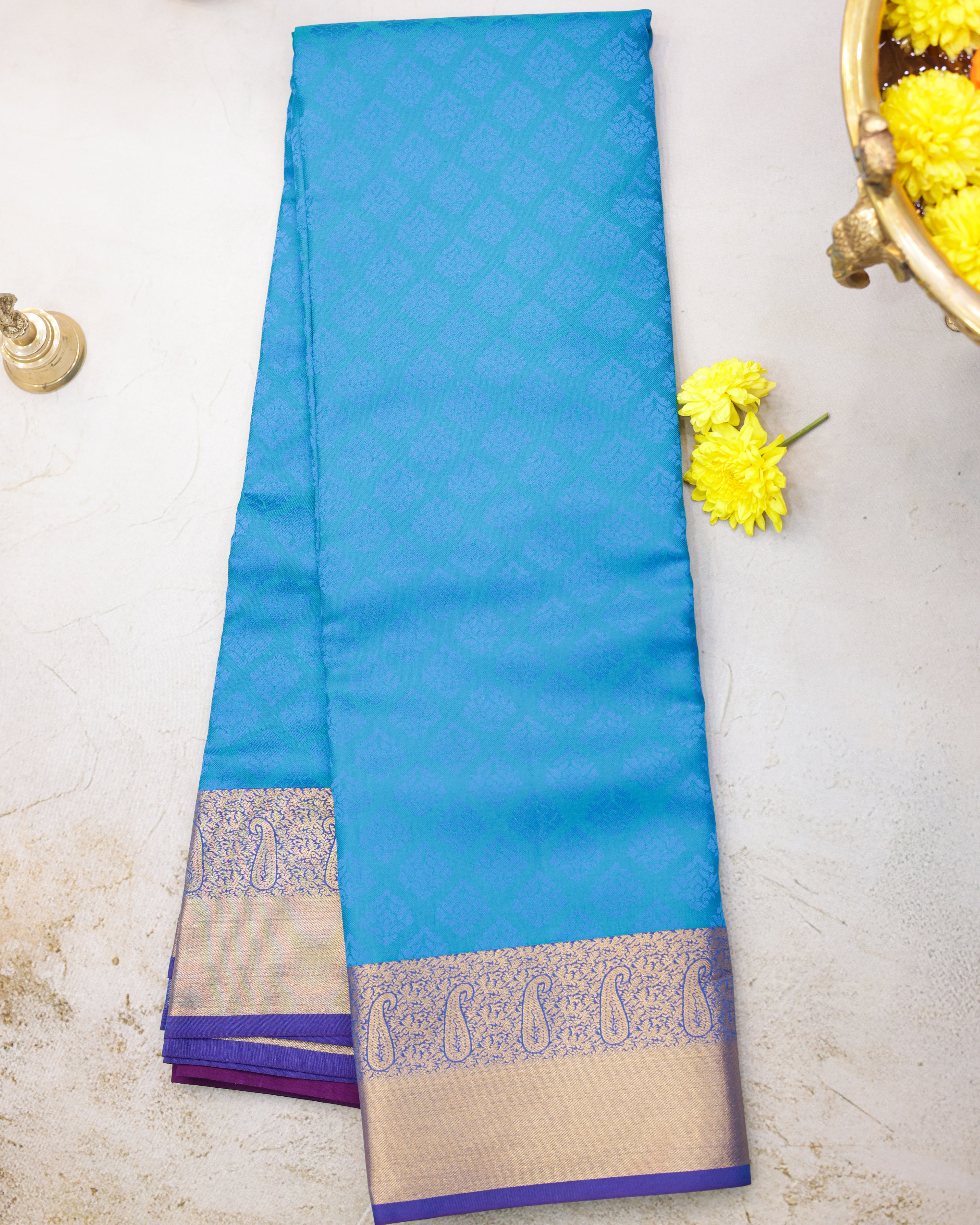 Kanchipuram Embossed Soft Silk Saree in Rama Blue & Dark Purple