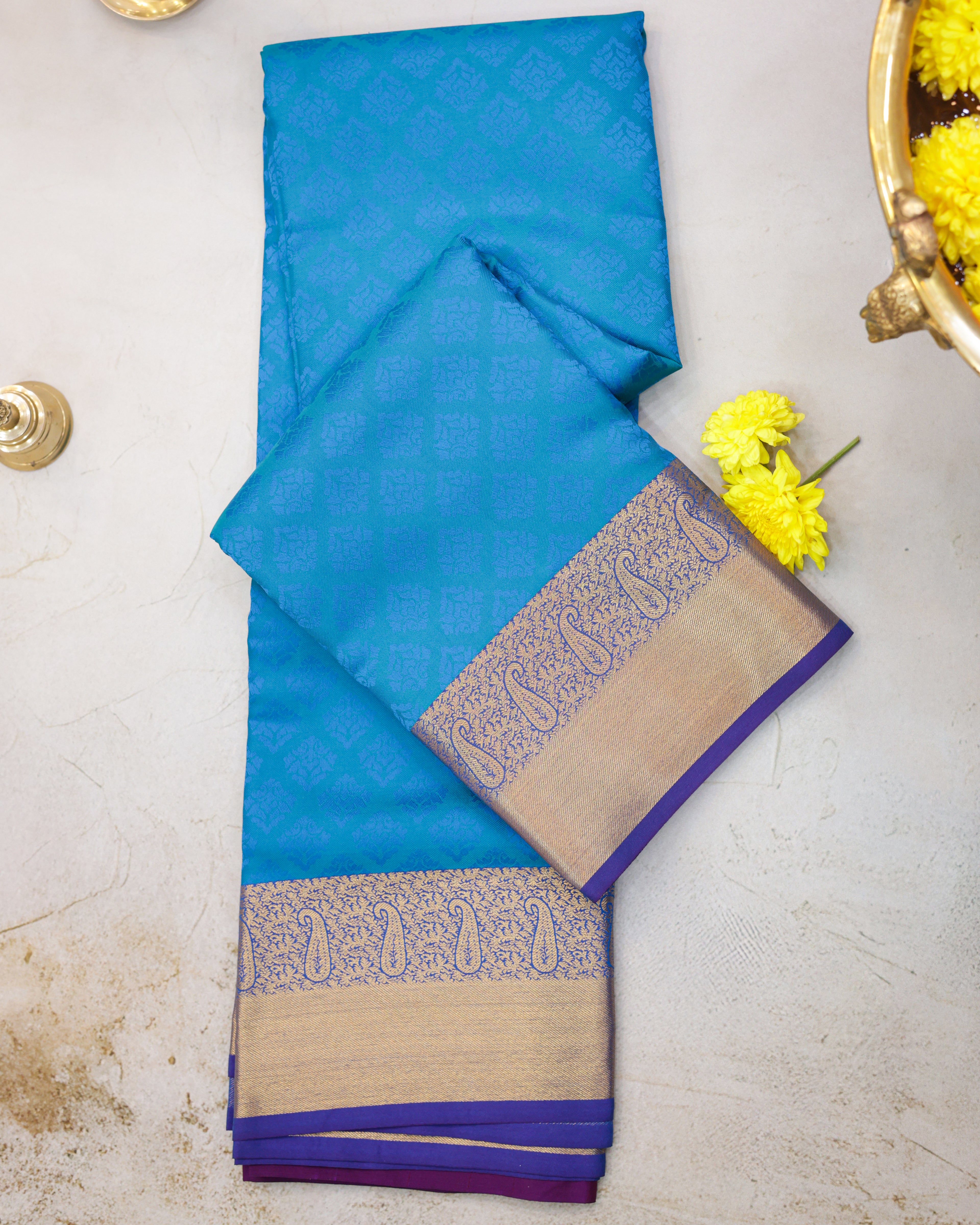 Kanchipuram Embossed Soft Silk Saree in Rama Blue & Dark Purple