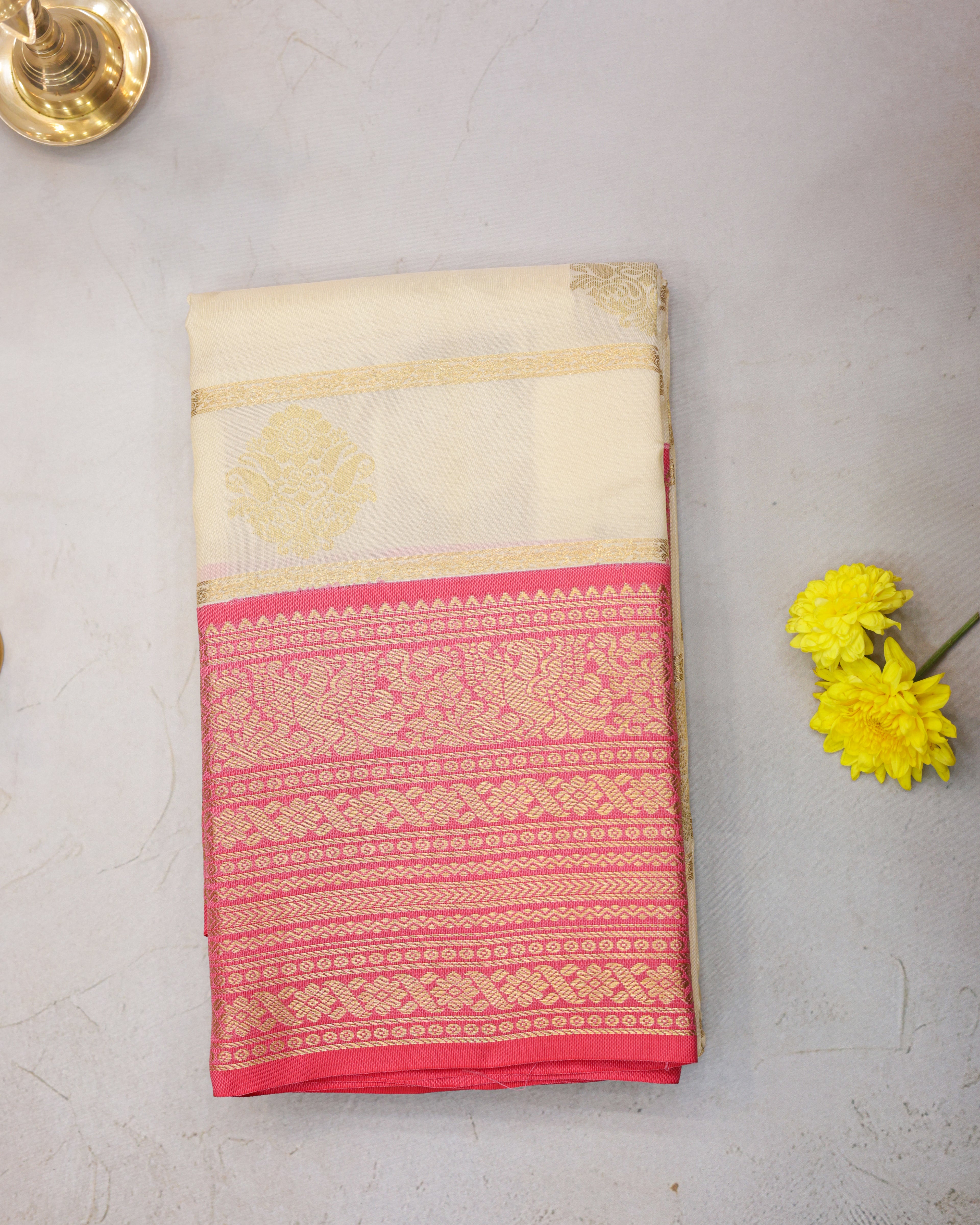 Cream Kanchipuram Silk Saree with Golden Zari Butta