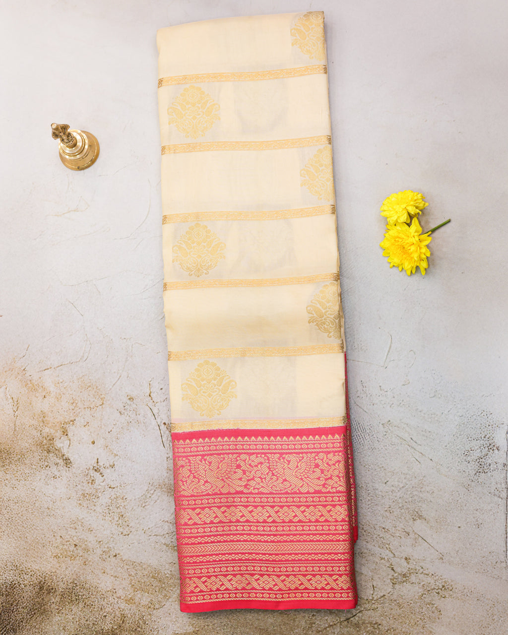 Cream Kanchipuram Silk Saree with Golden Zari Butta