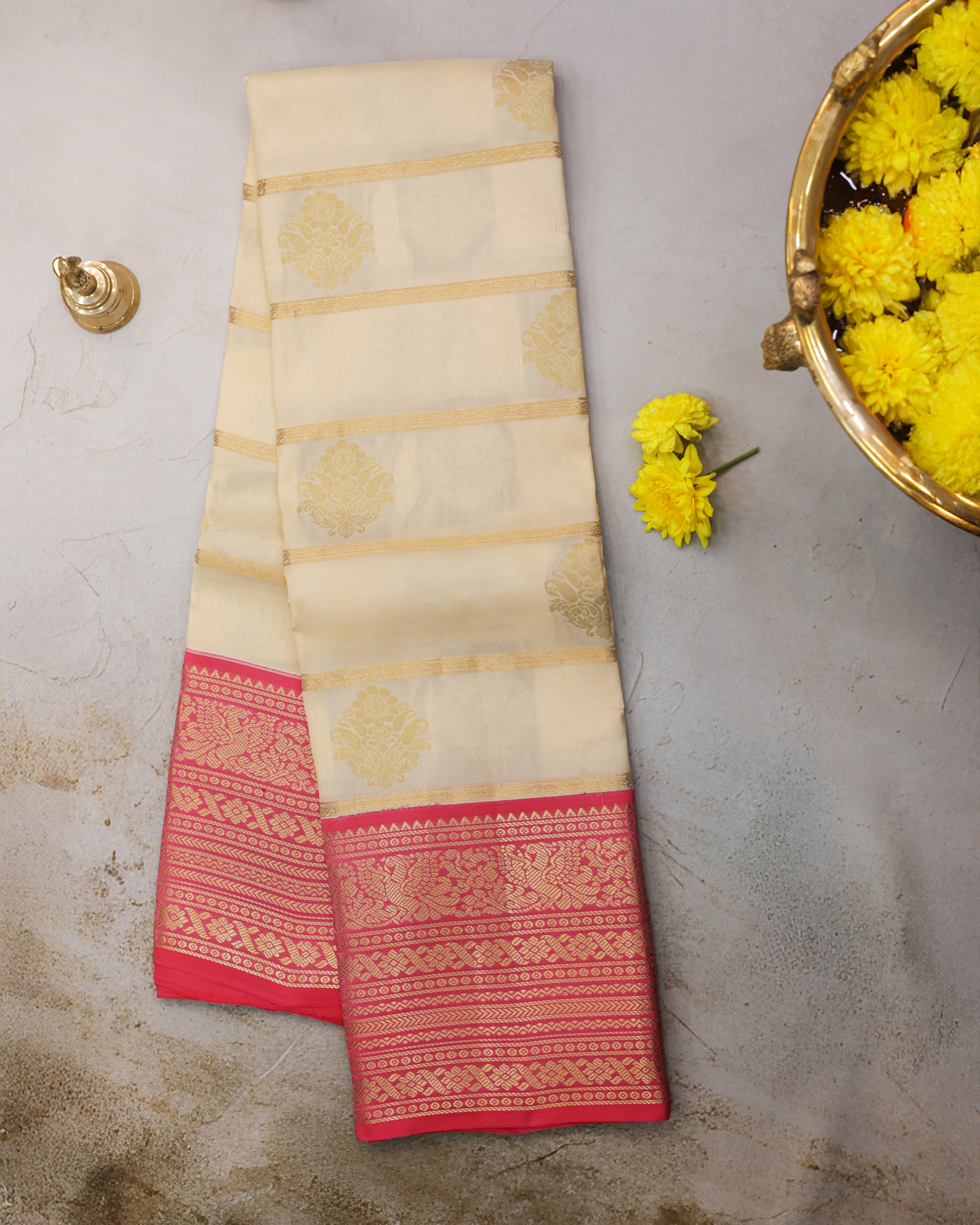 Cream Kanchipuram Silk Saree with Golden Zari Butta