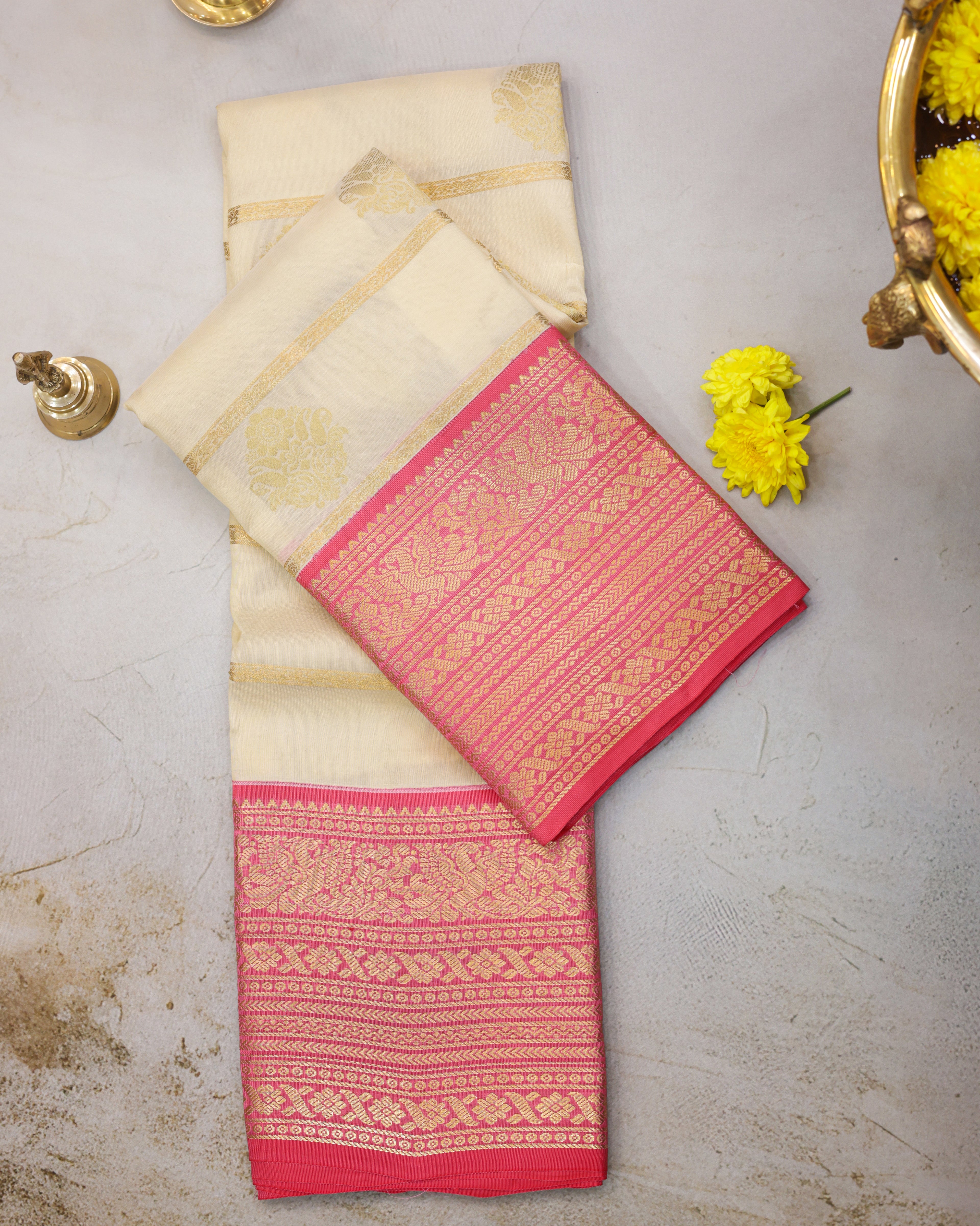 Cream Kanchipuram Silk Saree with Golden Zari Butta