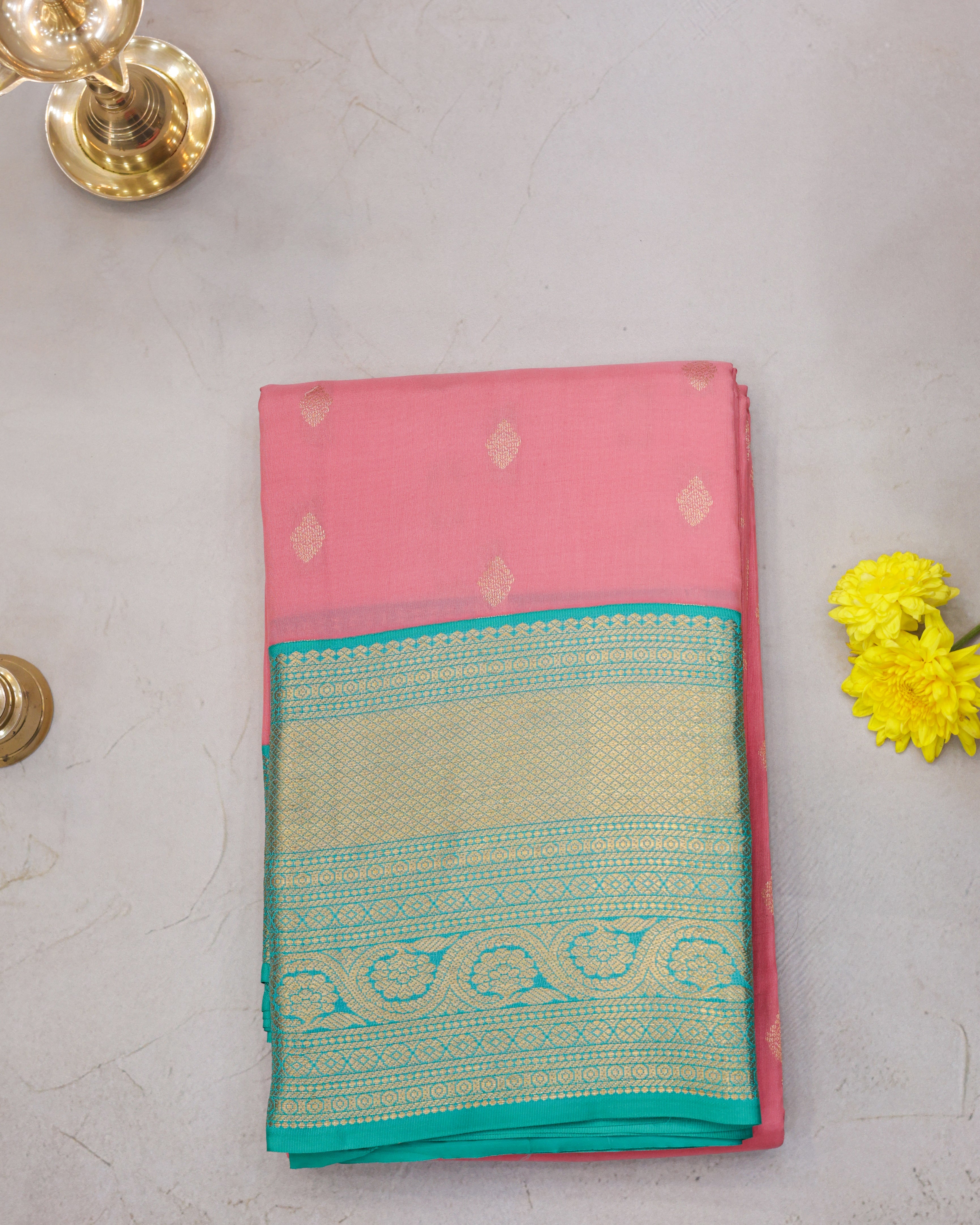 Kanchipuram Pink & Teal Half-Mix Silk Saree with Golden Zari